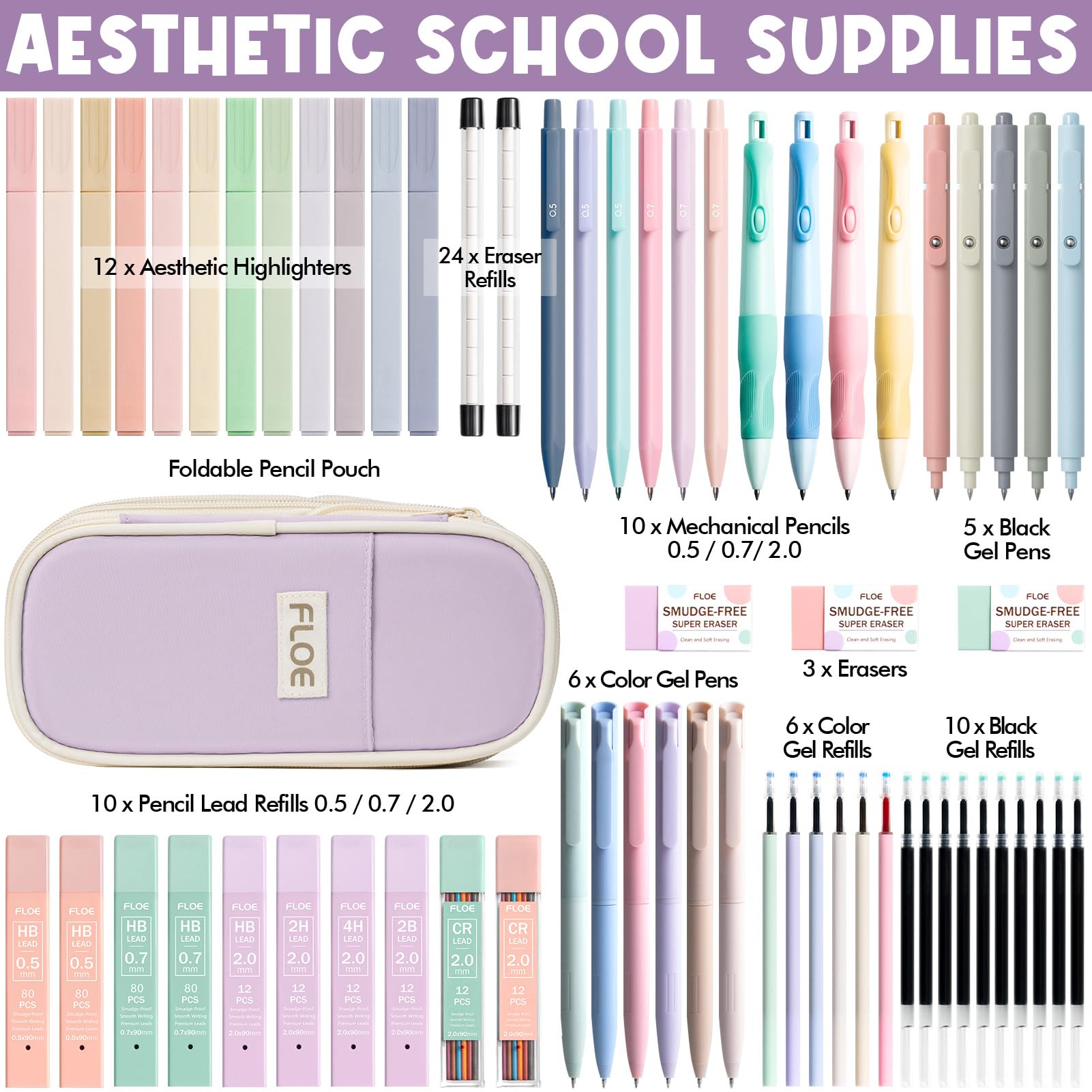 Ästhetisches Schulzubehör mit niedlichem Federmäppchen, Pastell-Textmarker, Gelstifte, Druckbleistifte, 0,5, 0,7 und 2,0 mm, Bürobedarf, Schulbedarf, College-Essential-Set, Studenten, Schreibwaren-Set