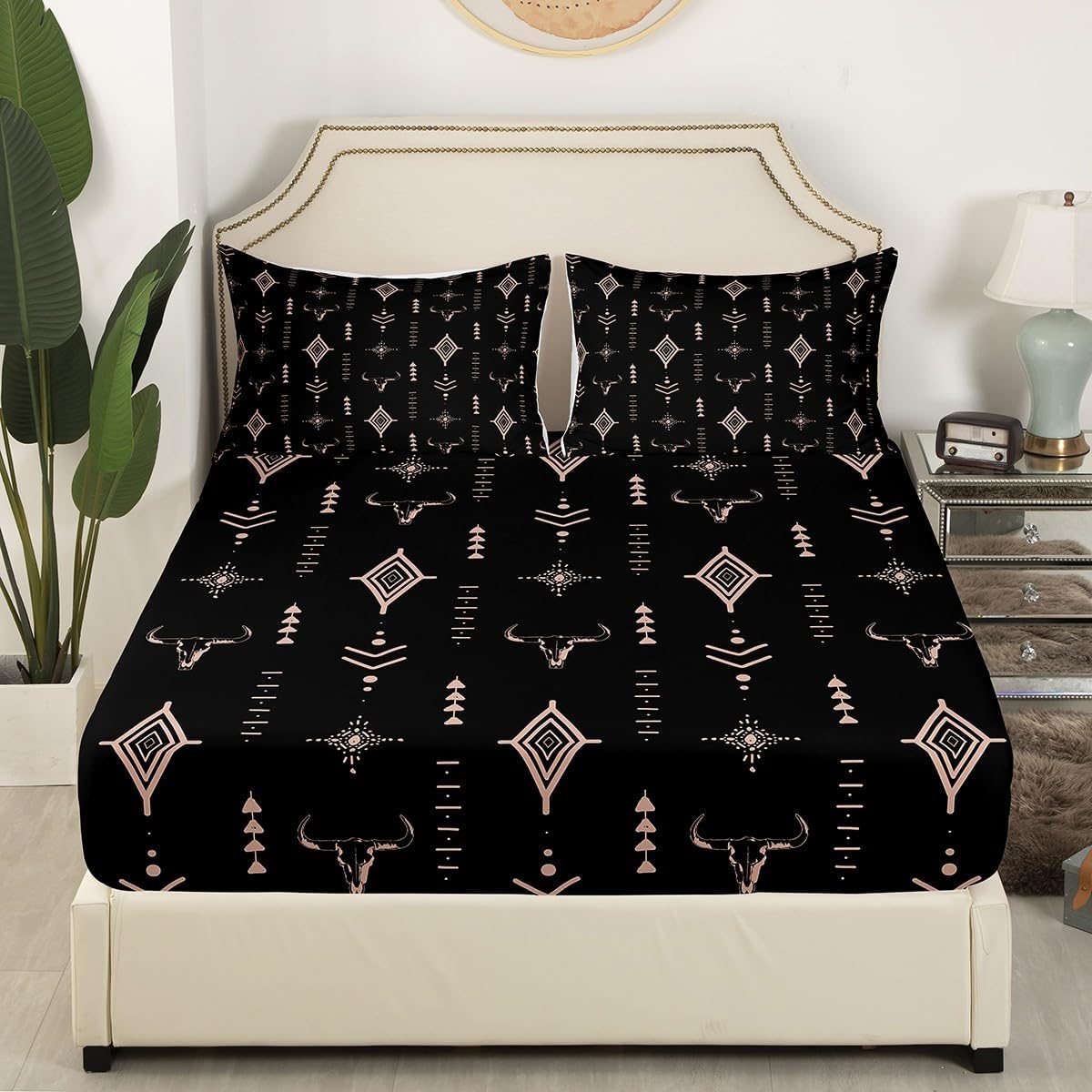 Feelyou Western Bull Skull Bedding Set Full Size Kids Boho Ethnic Horns Sheets Set Adult Black Brown Tribal Symbol Mysterious Aztec Bed Sheets Set,1 Fitted Sheet+2 Pillow Sham+1 Flat Sheet