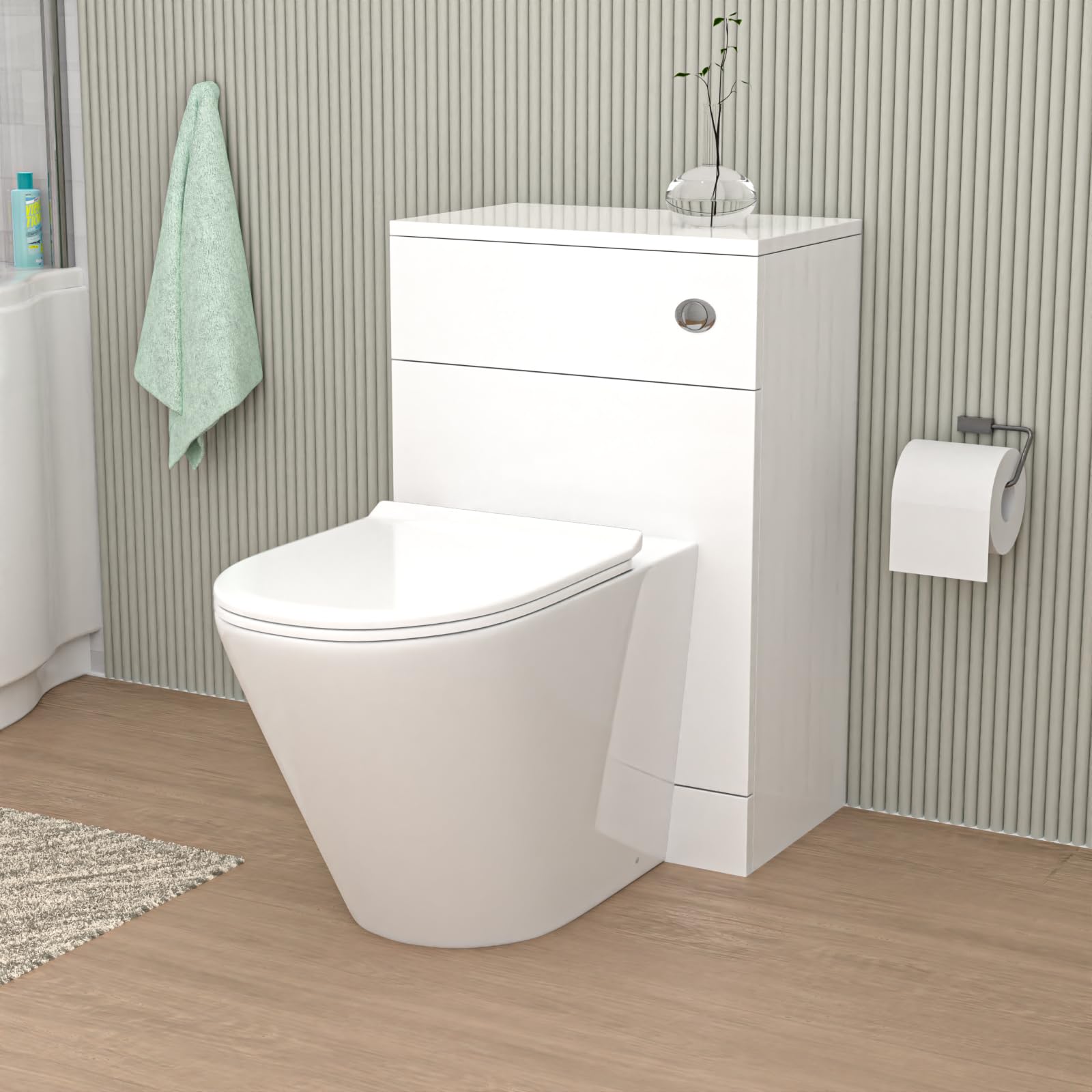Nes Home White Modern 500Mm Wc Unit & Rimless Round Back To Wall Toilet With Cistern