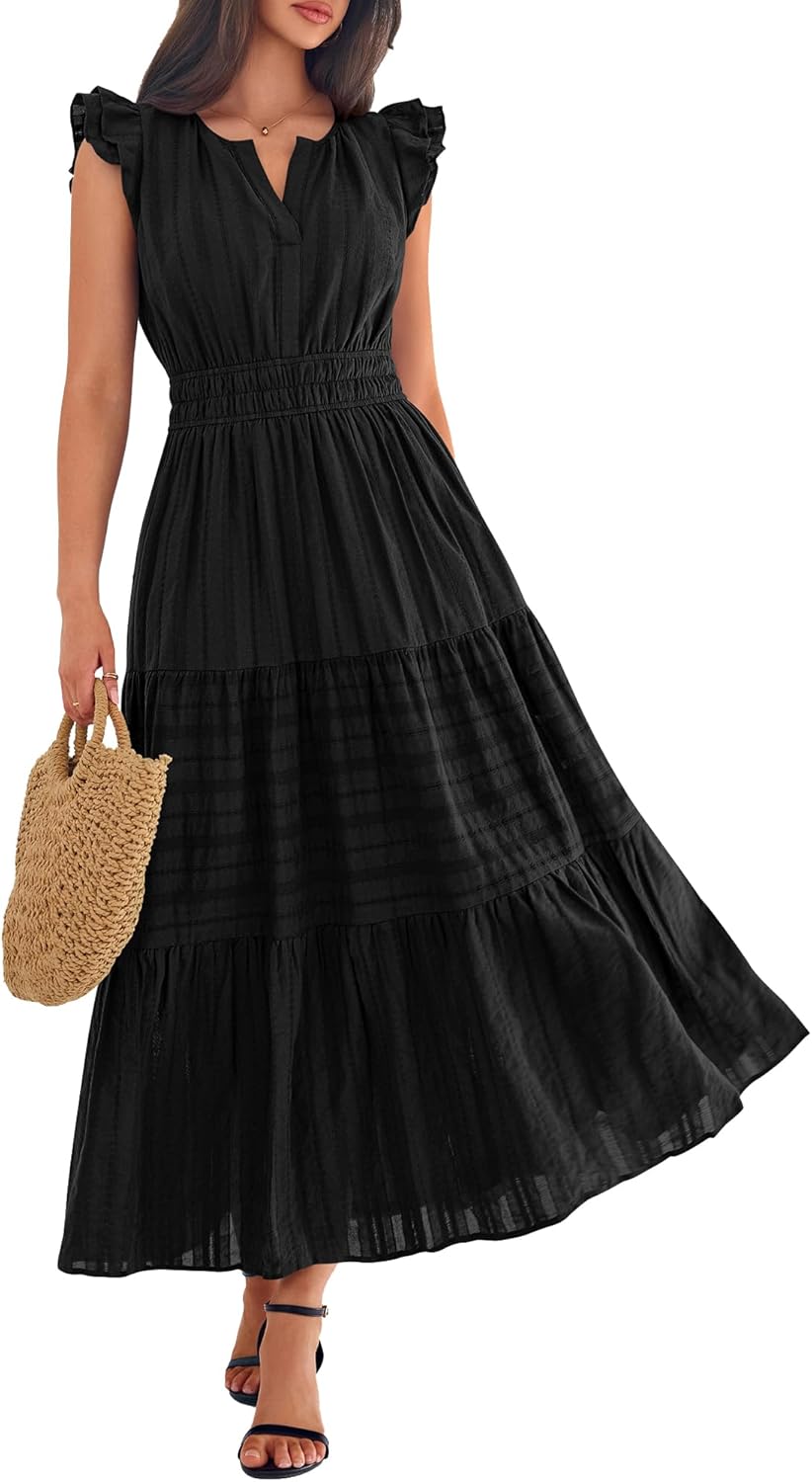 BTFBM Womens Summer Maxi Dress 2026 Spring Boho Vacation Ruffle Flutter Short Sleeve A Line Tiered Flowy Dresses Pockets - Image 4