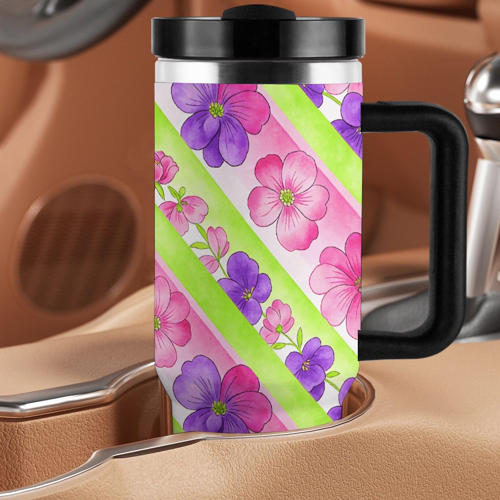 Chevron Blooms - Vaso de café de viaje de acero inoxidable, taza de café con tapa y popote, taza con asa, gran capacidad, doble pared al vacío, a prueba de fugas, taza térmica de café helado