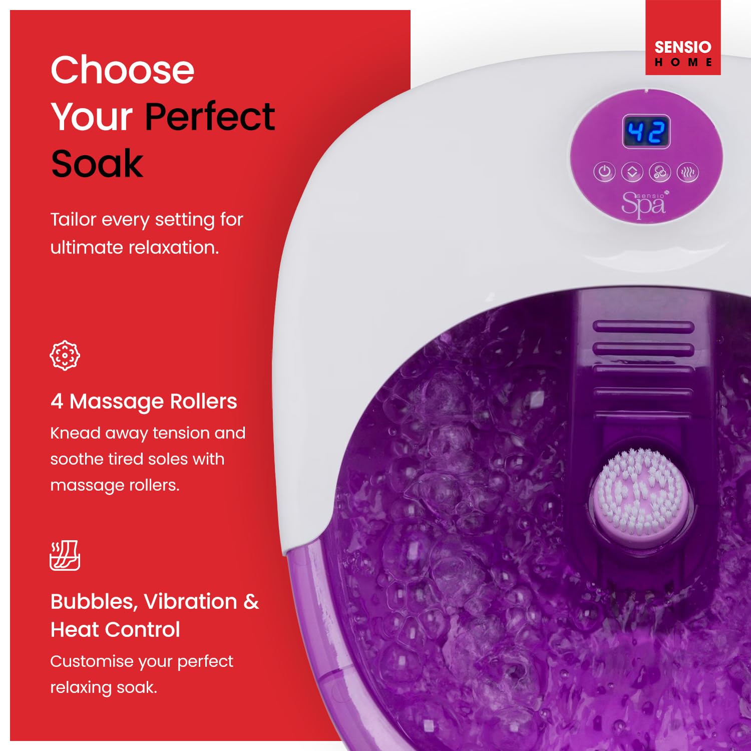 Sensio - Masajeador de pies de lujo para spa y pedicura, control digital de temperatura con pantalla táctil, nueve pedicura más tres accesorios de masaje, mima tus pies con calor, burbujas y