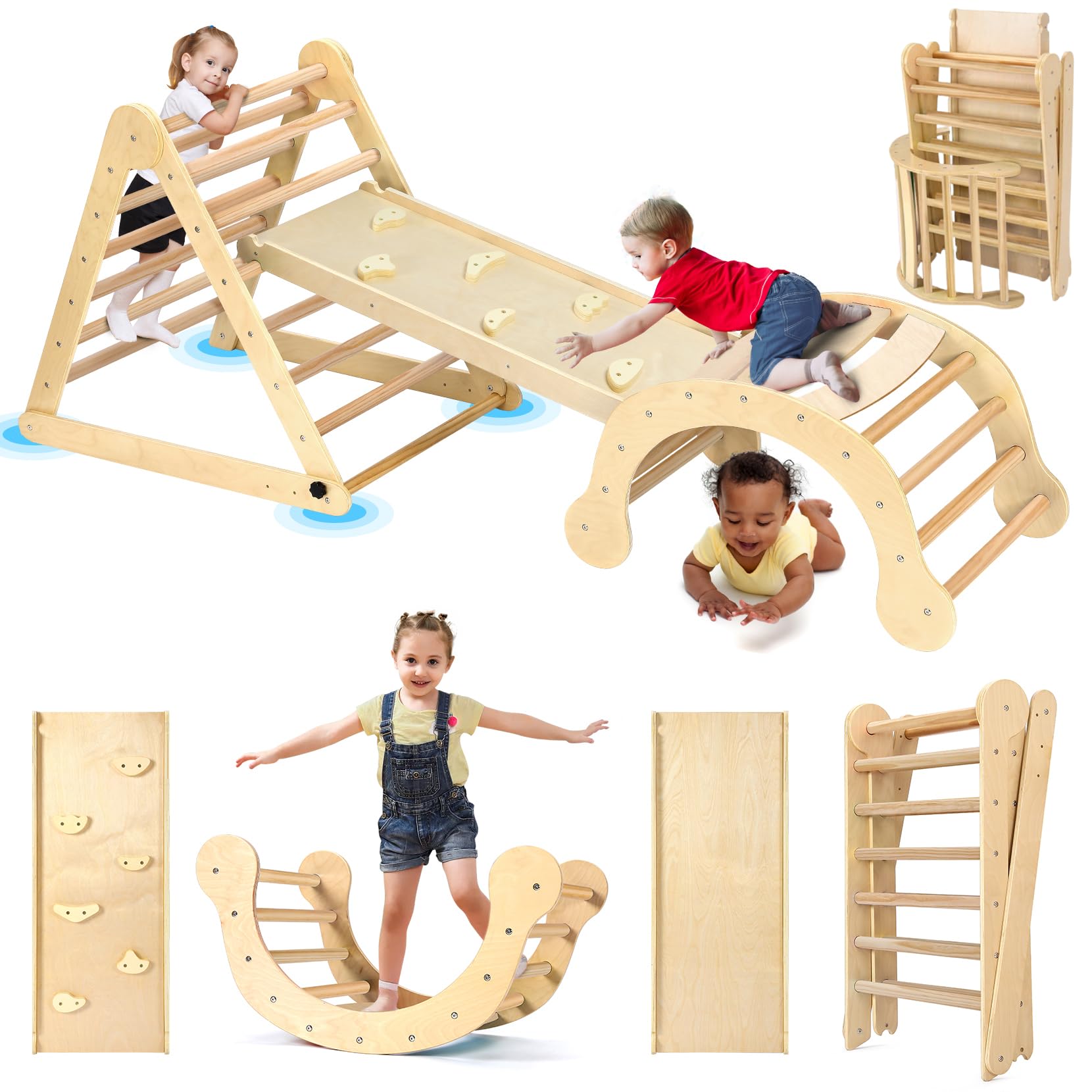 YOLEO Large Pikler Triangle Set 7-in-1, Montessori Climbing Toys for 1+ Year Old w/t Sturdy Base and Adjustable Height, Quick-Fold Toddler Climbing Toys Indoor Playground and Fun Jungle Gym for Kids