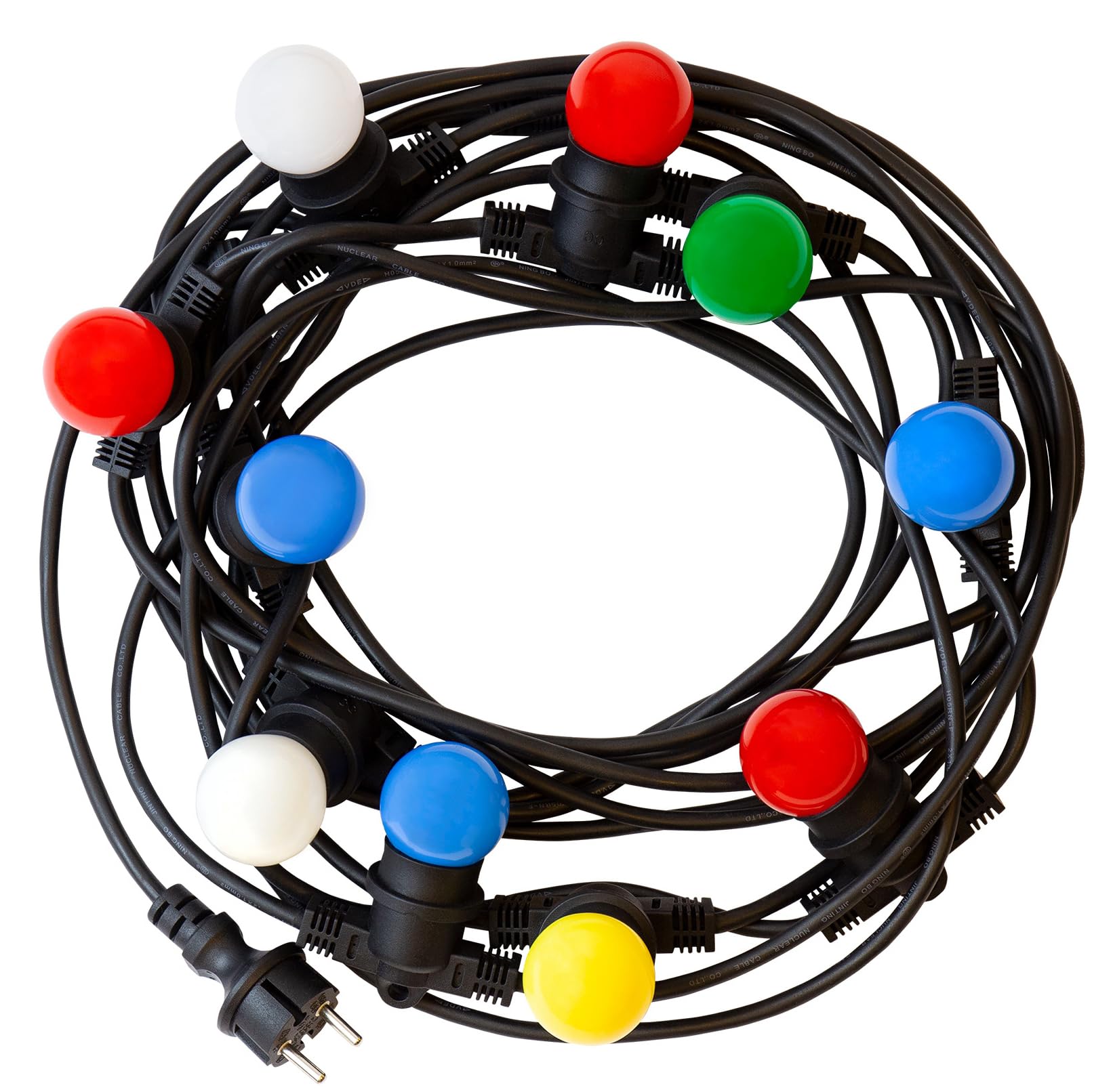 JungesLicht 5m LED Lichterkette mit 10x E27 bunten 1W LEDs IP44, Garten Lichterkette Außen Innen, schwarz, mit Stecker, 10x MIX Farben rot weiß grün blau gelb, für Terrasse Party Deko Biergarten