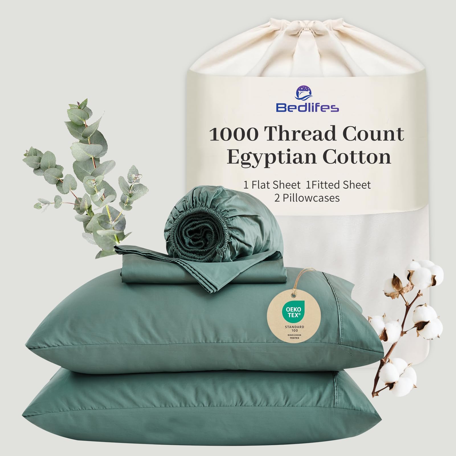 Bedlifes Egyptian Cotton Sheets 1000 Thread Count Queen Size 4-Piece 16 Deep Pocket - Cooling Breathable Ultra Soft