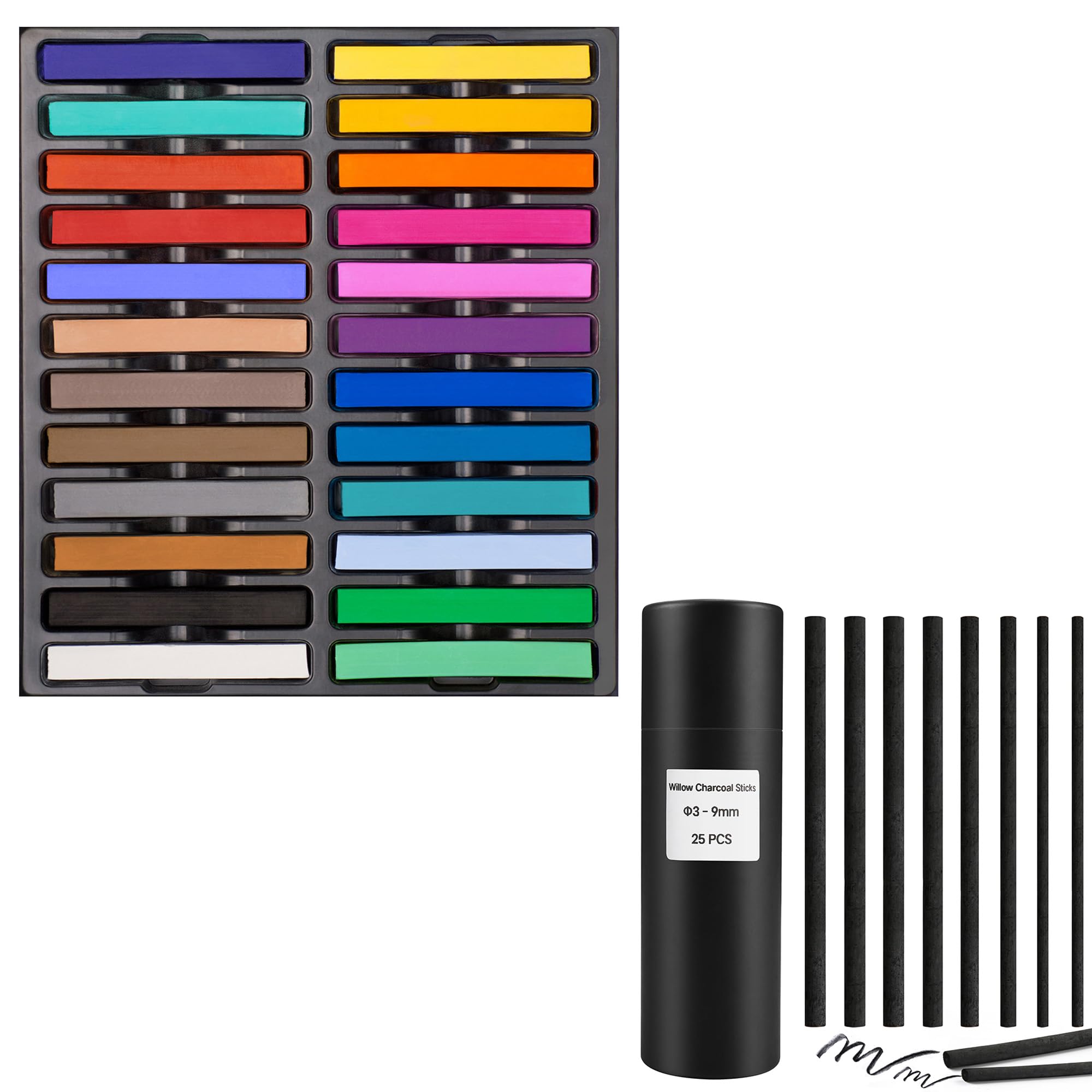 Dlicoda 24 Pcs Soft Pastel Sticks, 25 Pcs Willow Charcoal Sticks Pencils for Sketching, D…