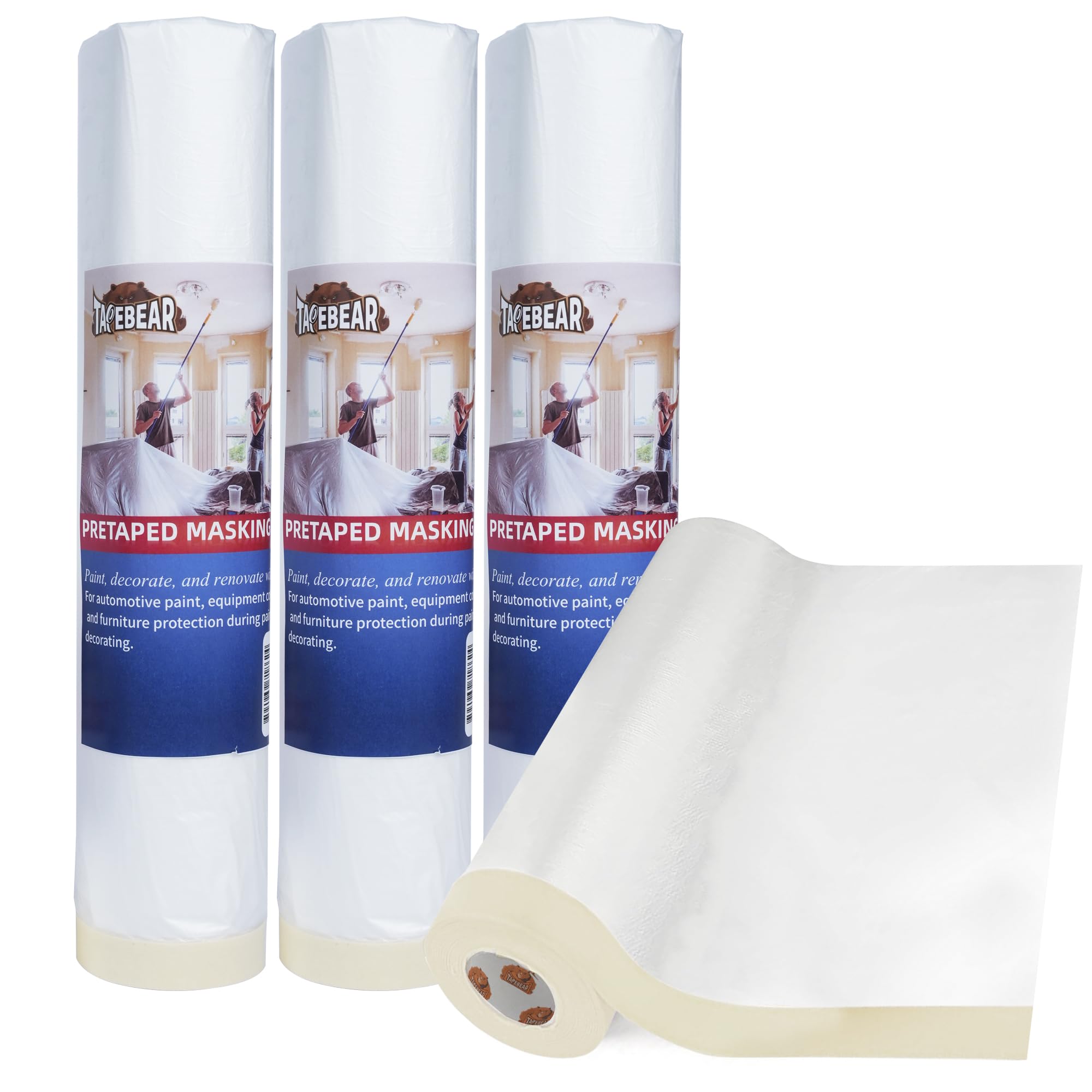 TAPEBEAR Upgrade Pre-Taped Masking Film Extra Thick, High Temp Tape and Drape 102" x 90', Plastic Cover for Automotive, Painting, Plastic Sheeting