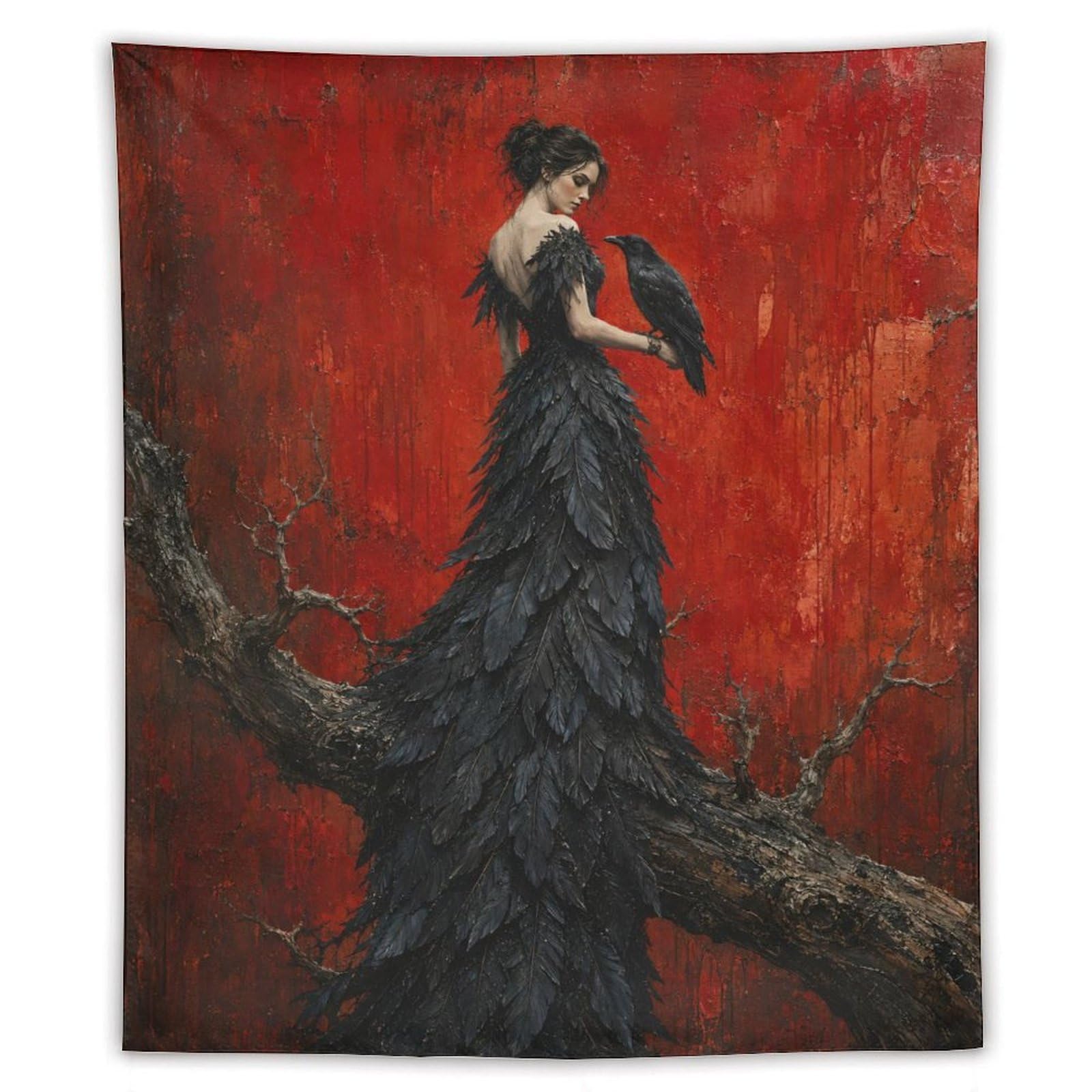 W7C8U2X3 Raven Woman with Feather Dress Wall Tapestry, Moonlit Stage