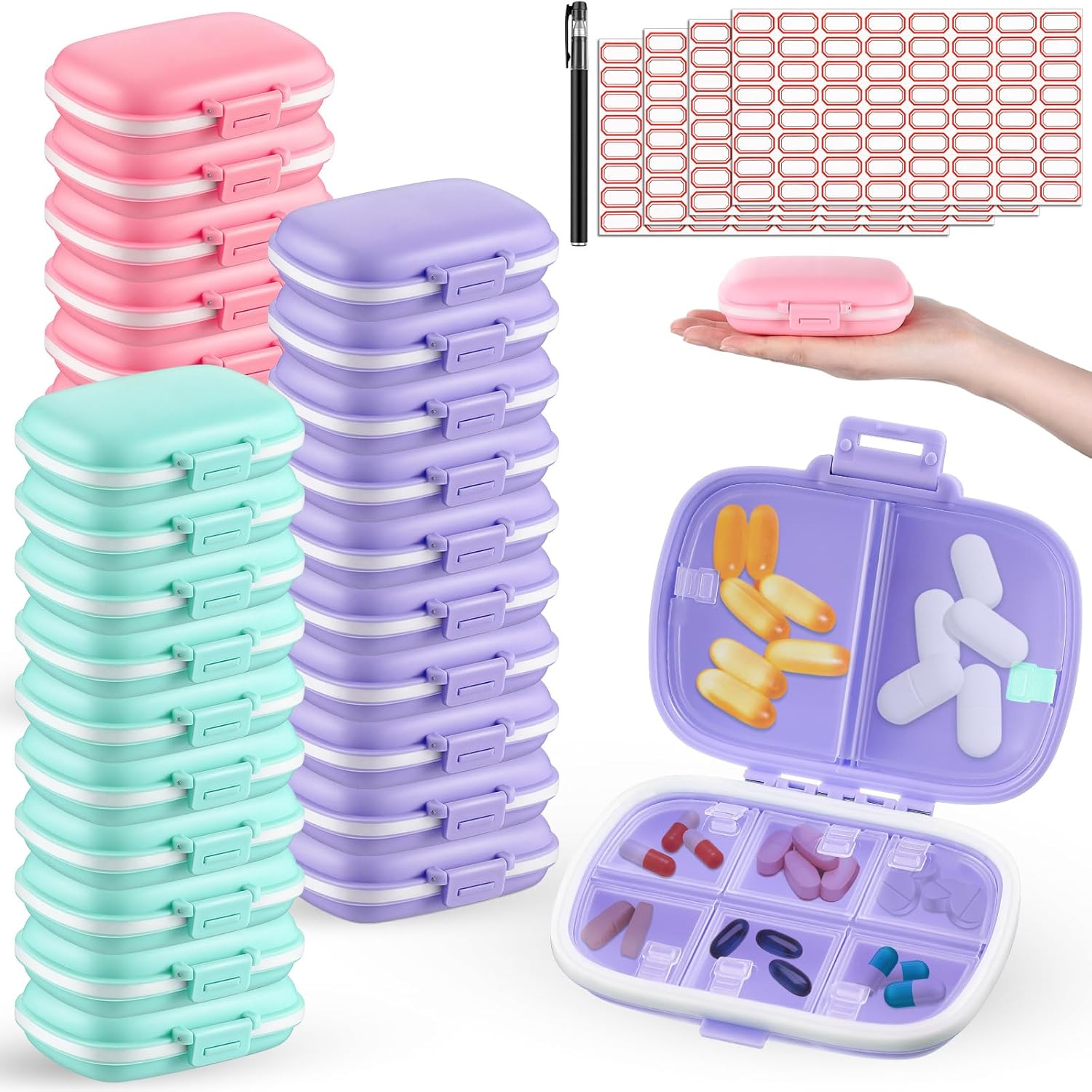 Layhit 30 Pcs Travel Pill Organizer Bulk with Labels Portable Daily Pill Dispenser 8 Compartments Medicine Storage Case for Vitamins, Fish Oils, Supplements (Blue,Pink,Purple)