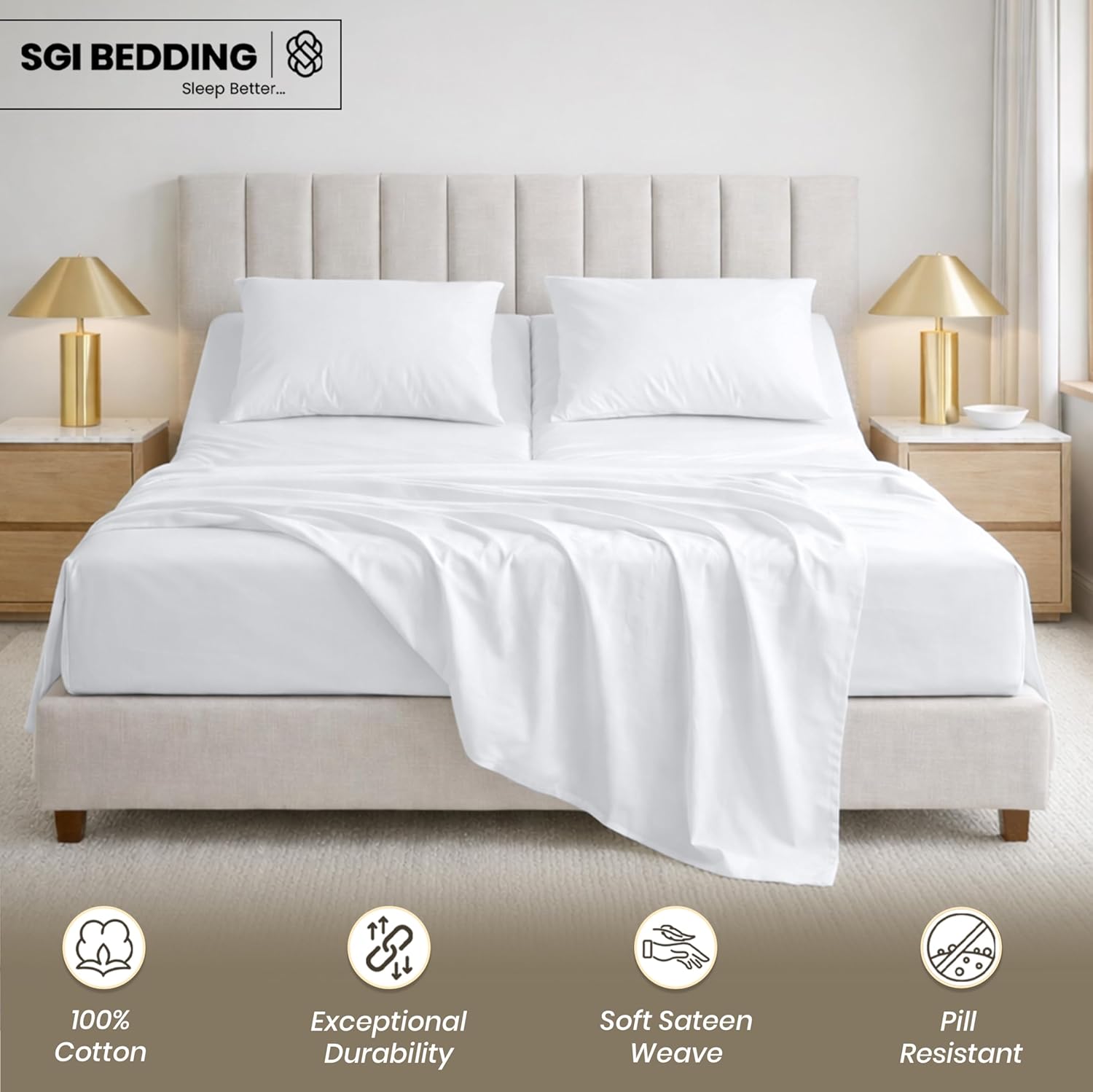 SGI bedding 32" King Split Top Flex Head Sheet 100% Egyptian Cotton Sheet Set 1000 Thread Count Flex Top Sheet for Adjustable Bed 4Pc Sheet Set 15" Deep Pocket for Sleep Number Bed - White