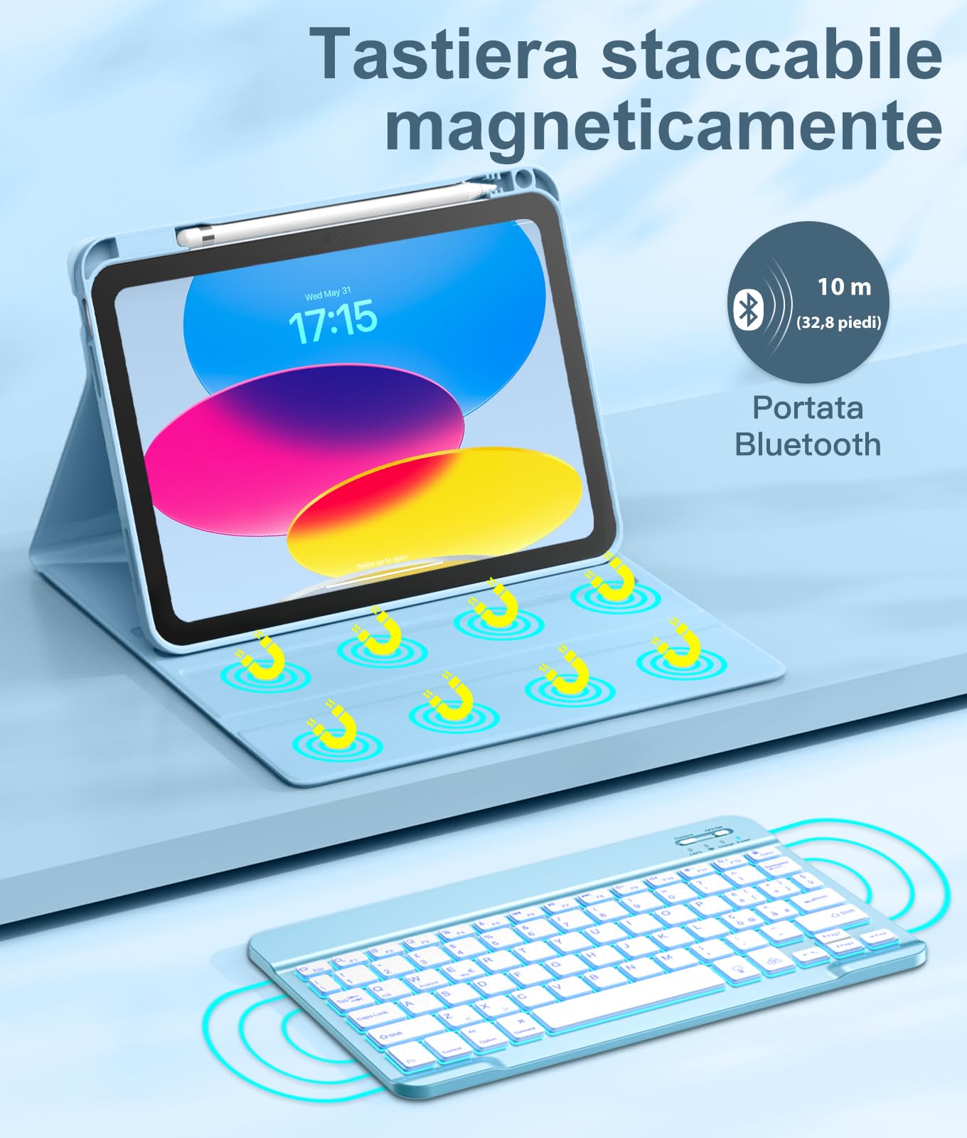 Vobafe Cover iPad A16 11 10 Generazione con Tastiera (11/10.9 Pollici, 2025/2022), Italiano QWERTY con 7 Colori Illuminato, Senza Fili Staccabile Custodia Tastiera con Portapenna, Blu Chiaro