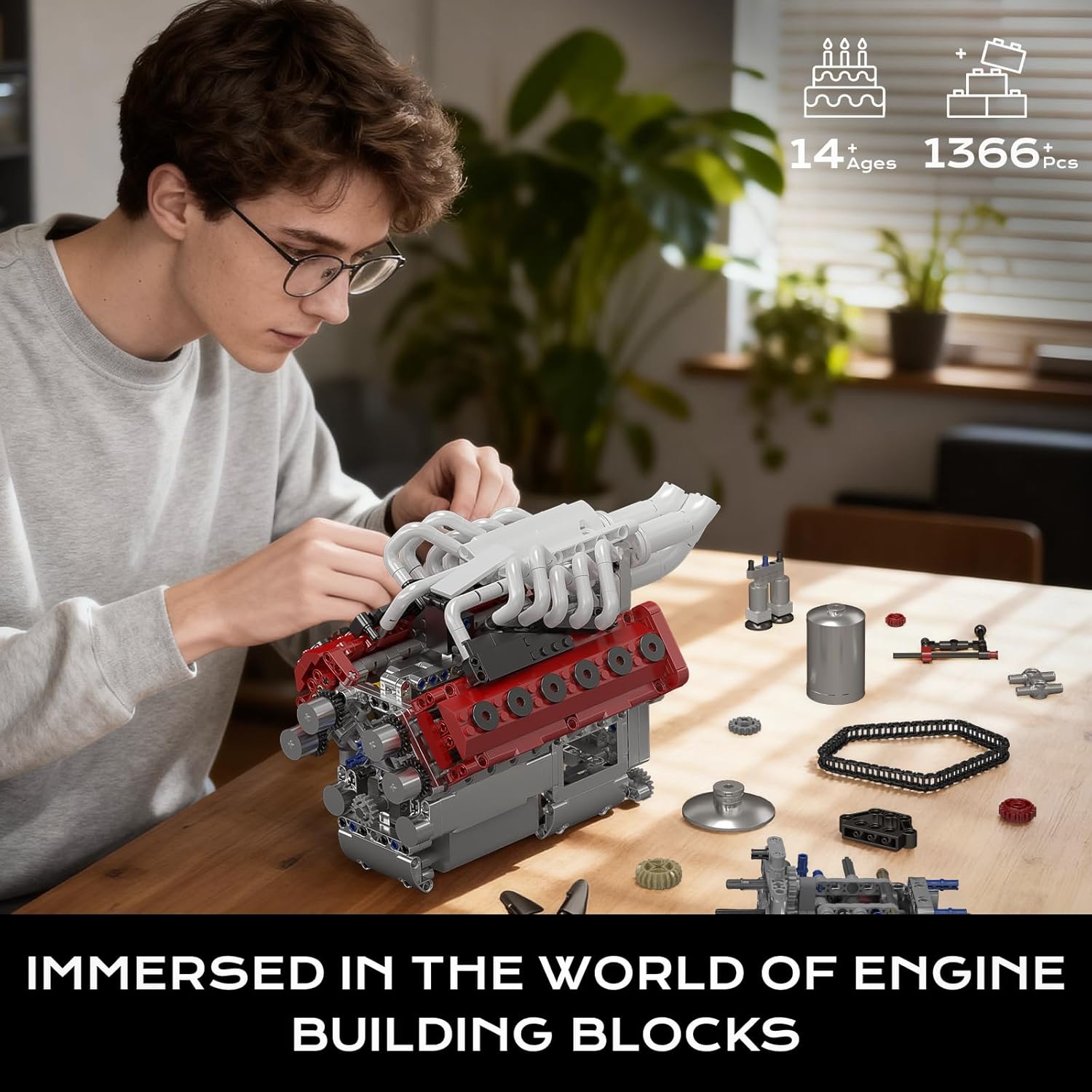 Person assembling the Mould King V12 Engine Model Kit
