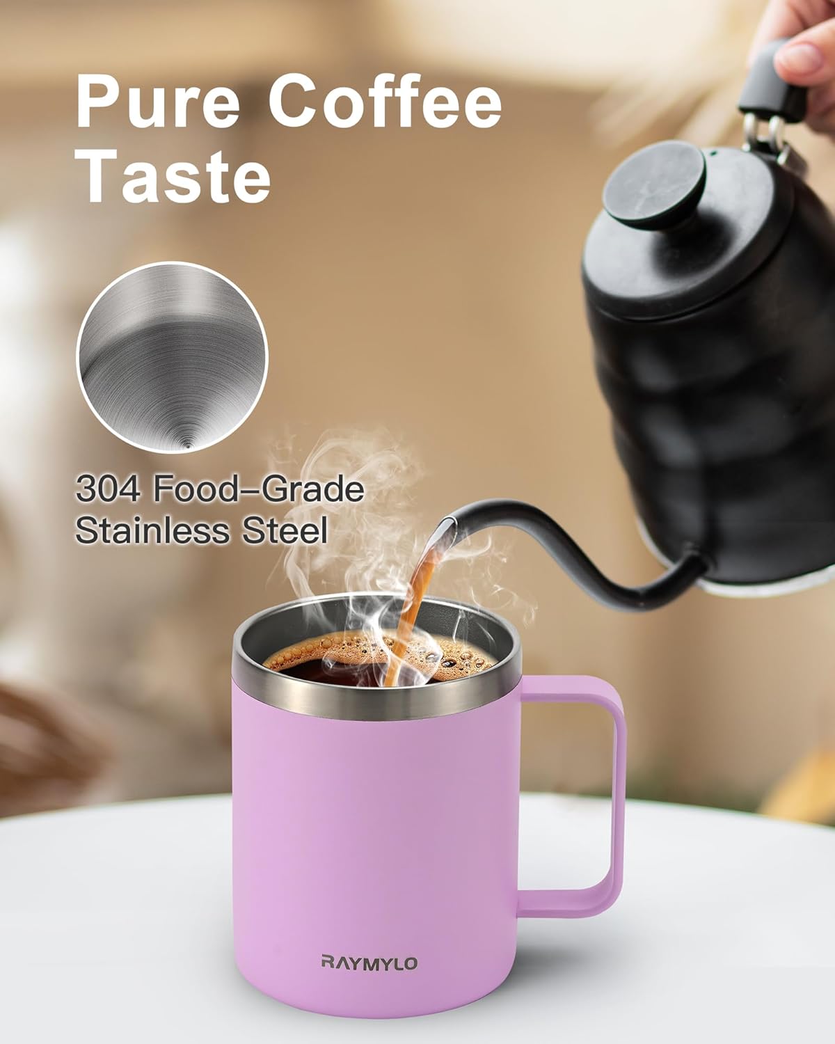 Insulated Coffee Mug 12 oz, Double Wall Stainless Steel Coffee Mug with Lids, Leak-Proof & Detachable Slider Lid for Thorough Clean, Keeps Coffee Cold for 9 Hrs, Suitable for Camp Home Office - Image 4