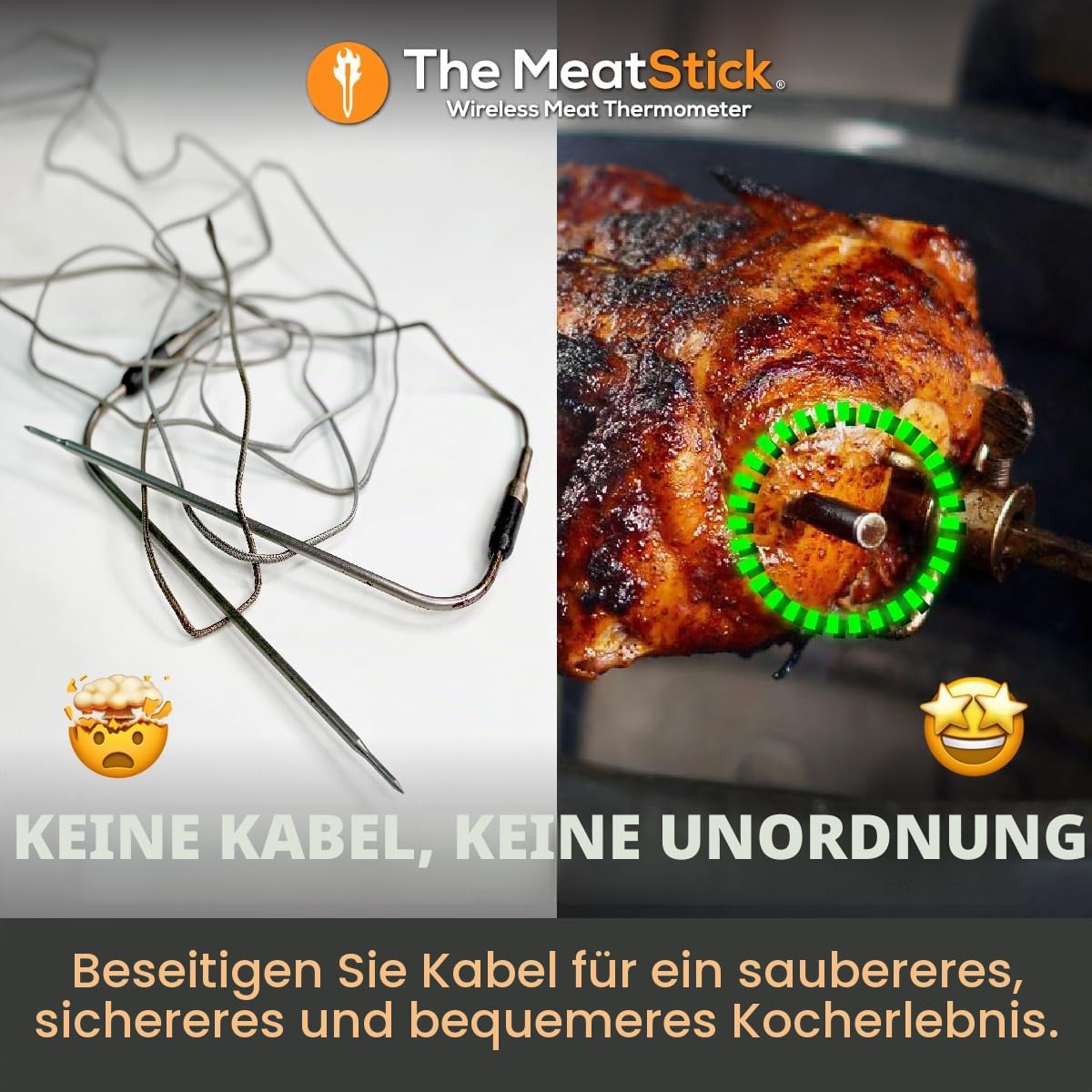 The MeatStick Thermometer mit App I kabelloses Fleischthermometer mit 10m Reichweite I präzises Temperaturmessgerät bis 300°C I Grillthermometer mit 92mm Temperaturfühler inkl. Xtender-Ladegerät