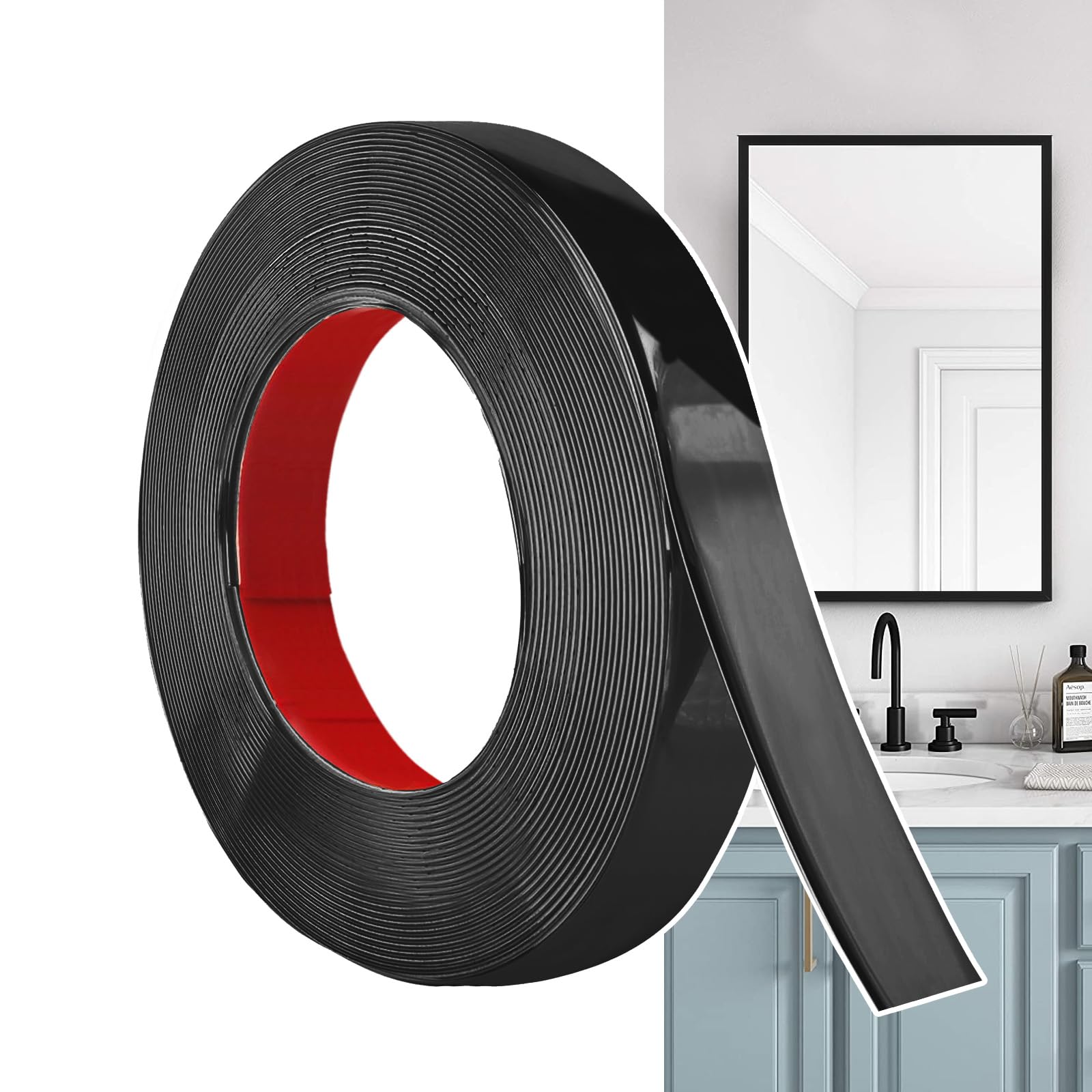 Hengrongshen Self Adhesive Moulding Trim Matte Black (12M x 2.5cm) Flexible PVC Peel and Stick Wall Trim Decorative Edge Strip for Wall, Tile, Mirror, Window, Cabinet, Bathroom, DIY Trim — image 1