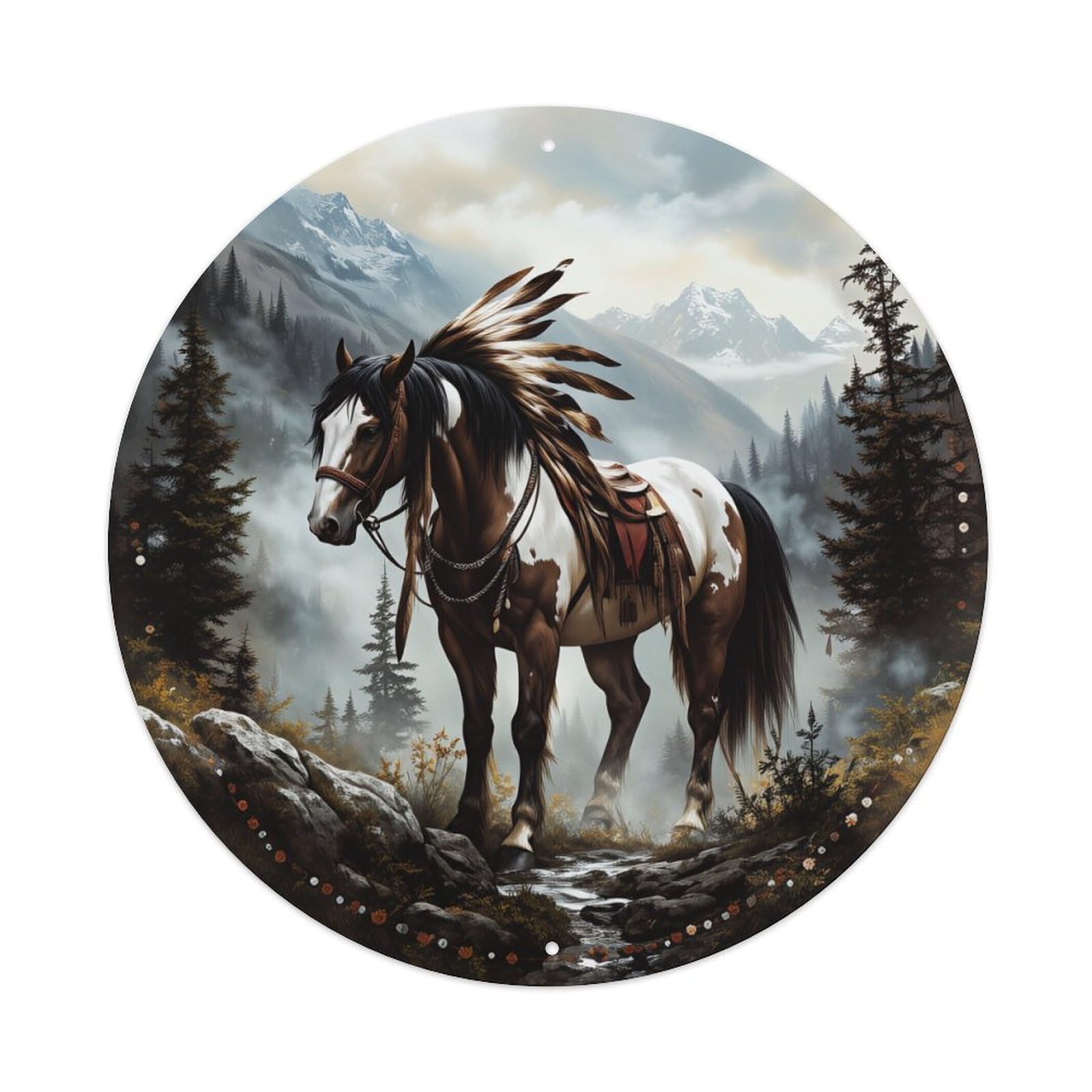 Native American Horse Mountain Forest Round Tin Sign Vintage Metal Poster, Home Bar Garage Man Cave Cafe Indoor & Outdoor Wall Decoration 8x8Inches