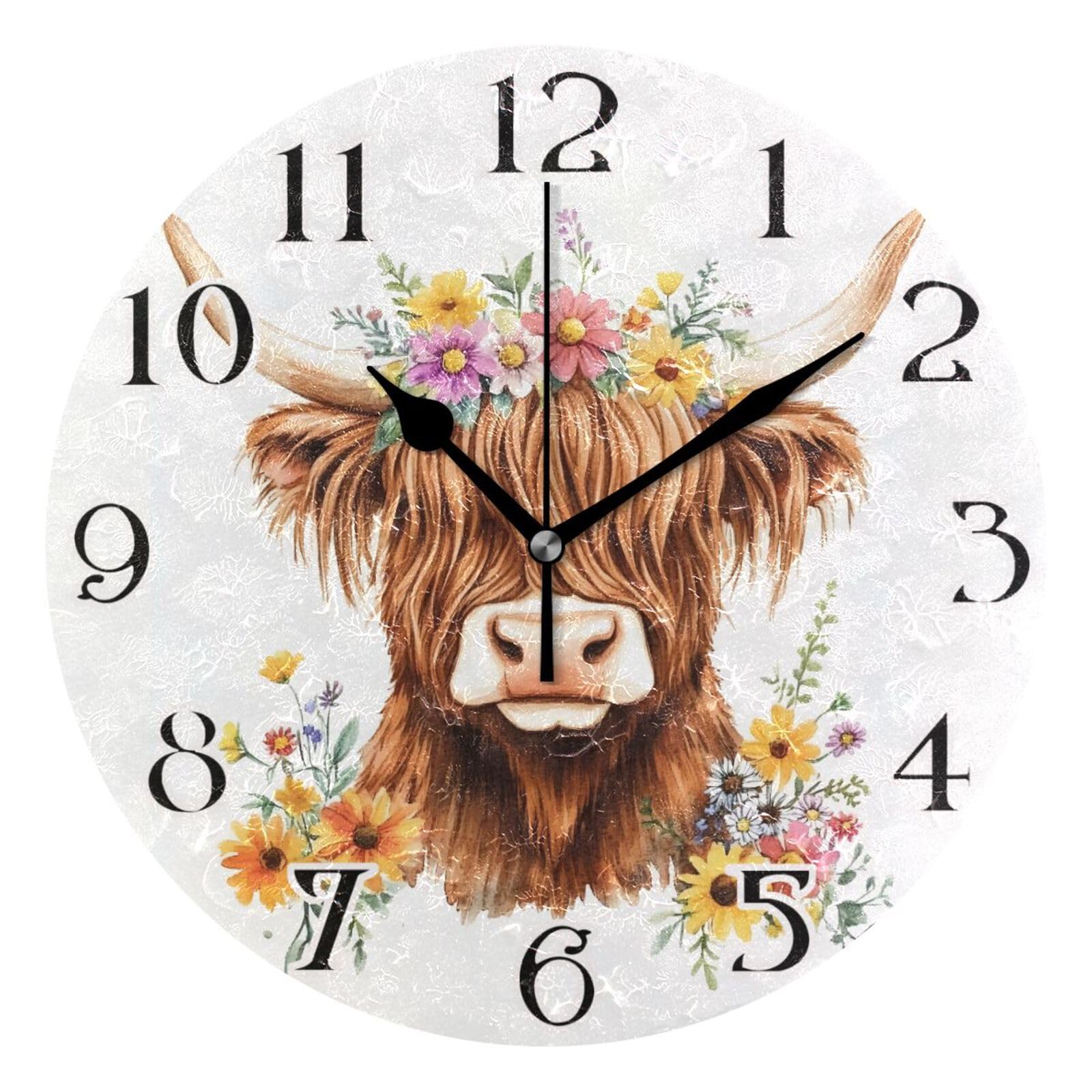 Mnsruu Adorable Highland Cow Floral Clock Wall Clock for Living Room Silent Non-Ticking Round Clock 25cm Easy to Read Clocks Kitchen Home Decorative