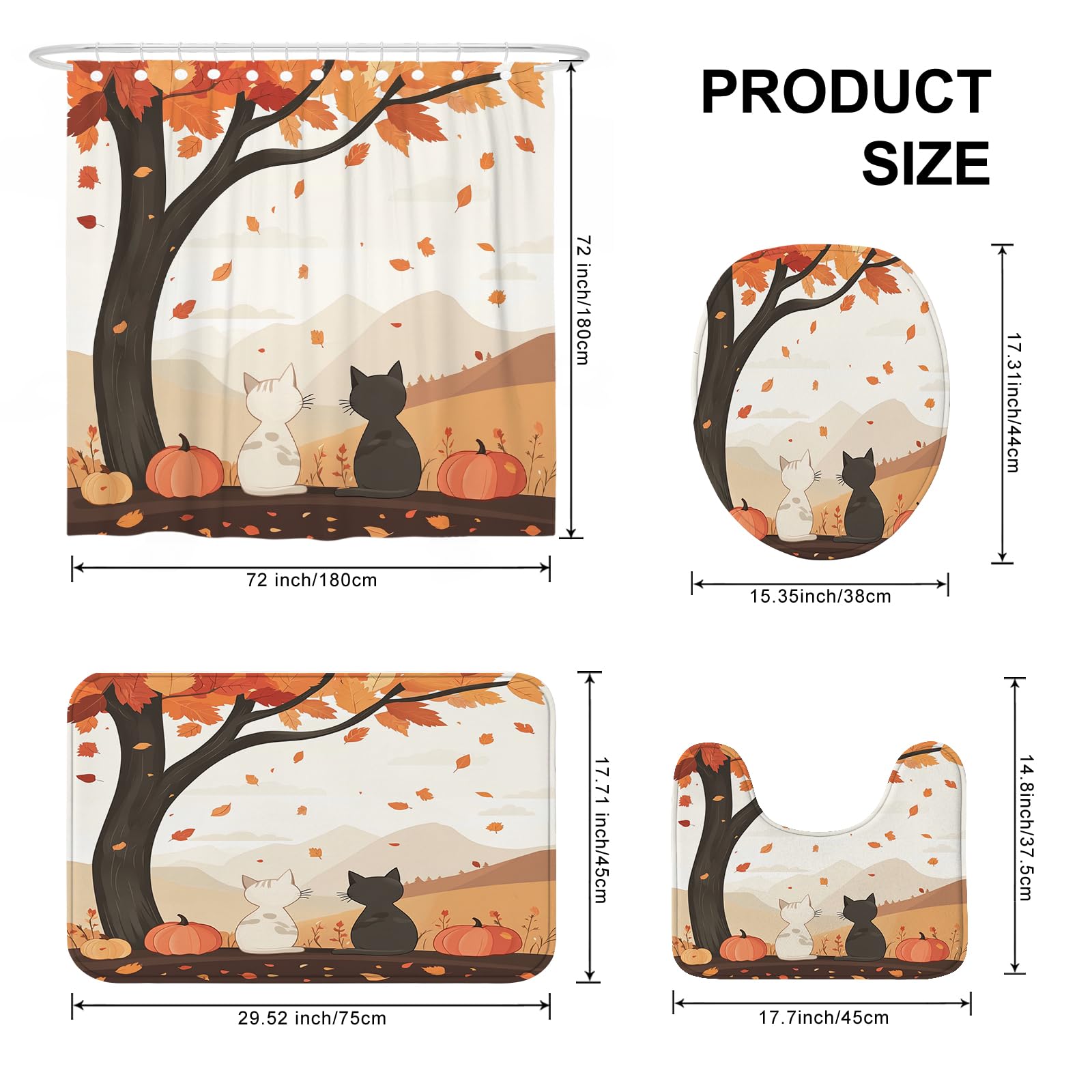 Juego de 4 piezas de baño con diseño de gato, accesorio de baño con alfombra antideslizante, en forma de U y cubierta de tapa de inodoro, decoración de baño de hoja de arce de árbol otoñal, 72 x 72