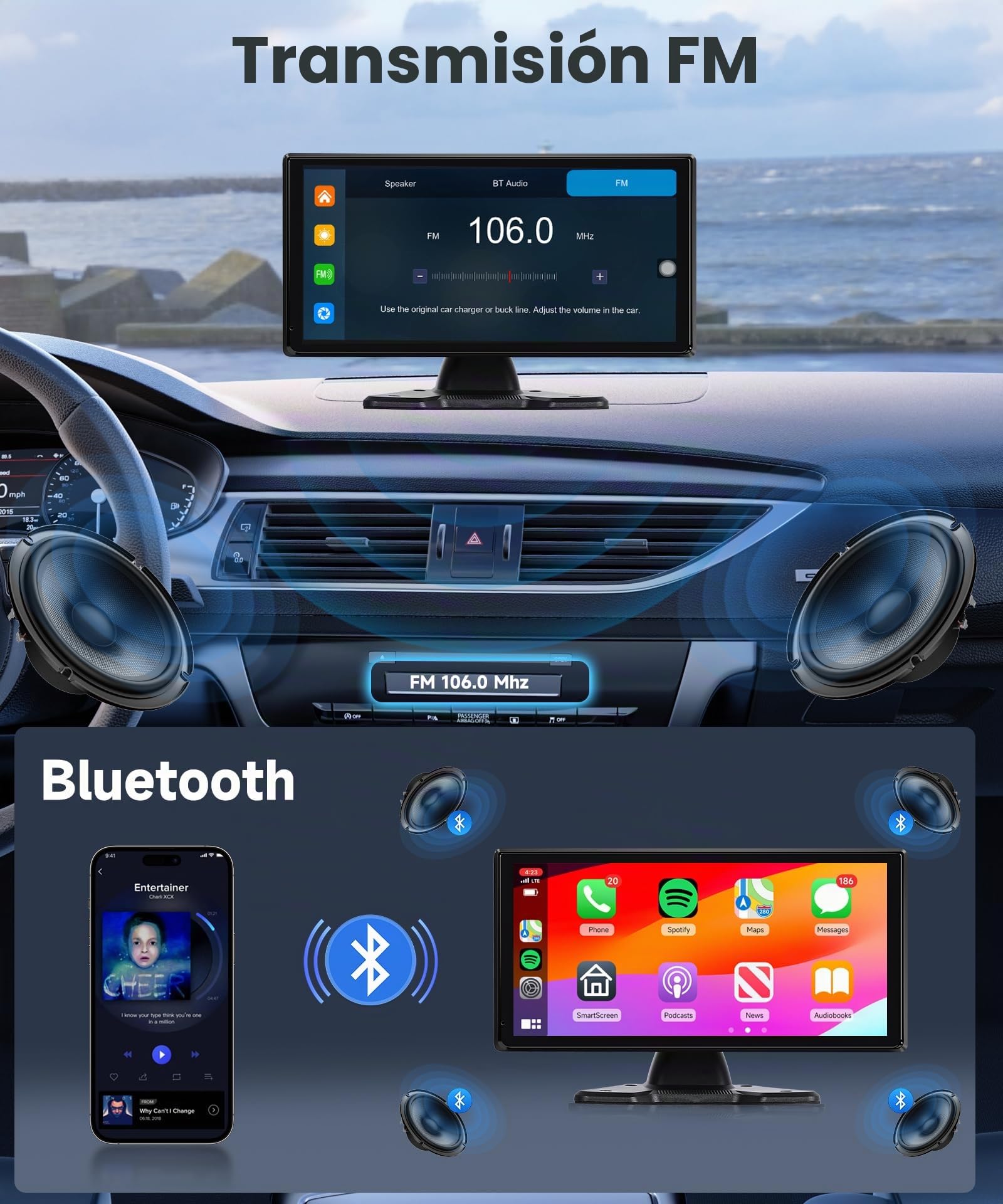4K Cámaras de Visión Trasera 4 Cámaras Set avec Wireless Carplay Android Auto, 10,36 Pulgadas Monitor 4 Pantallas Divididas, Bluetooth/Transmisor FM/Vídeo en Bucle/Vídeo WiFi para Camión/Bus/Furgoneta