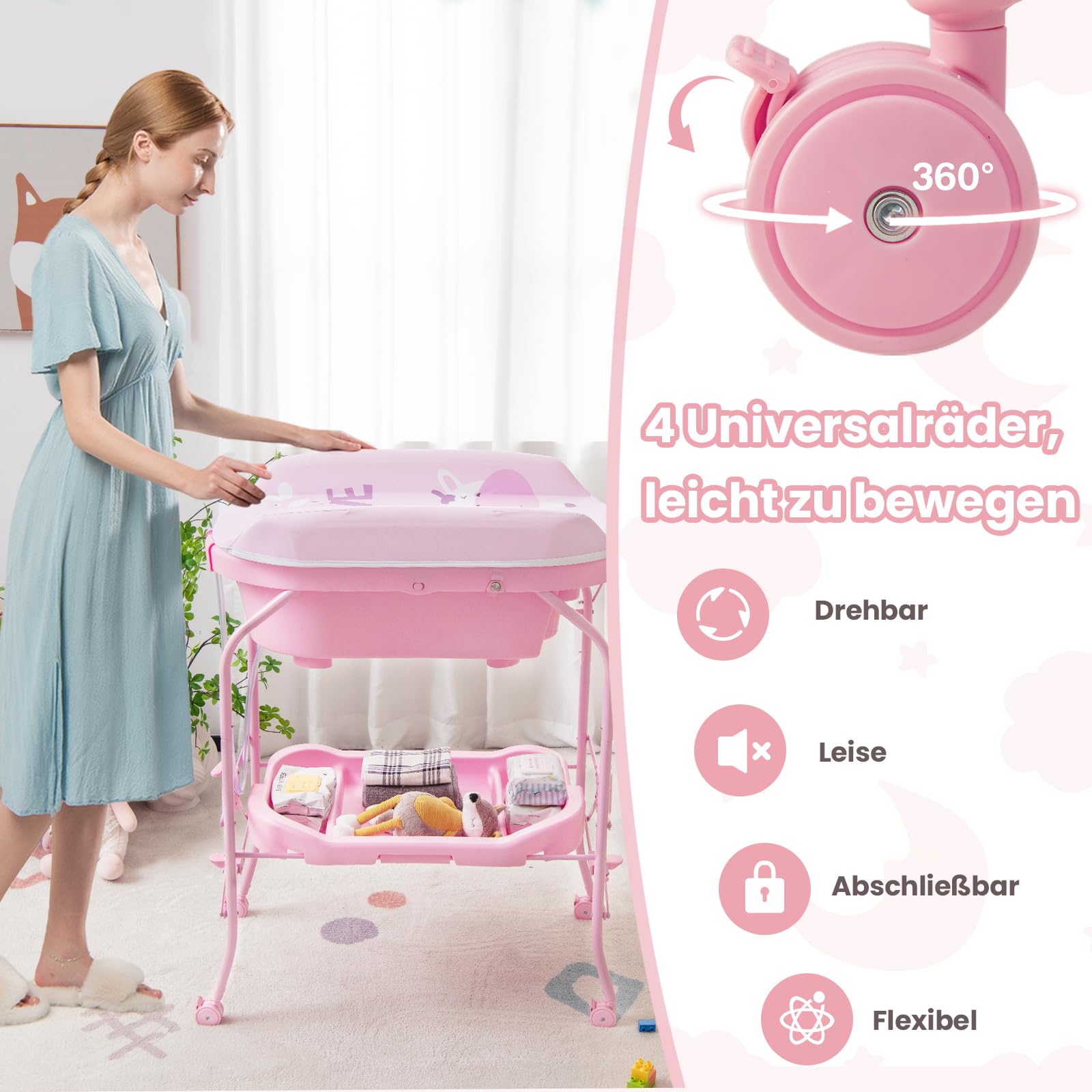 COSTWAY 4 in 1 Wickeltisch klappbar mit Badewanne, tragbare Wickelkommode mit Wickelauflage, mobile Wickelstation mit Universalrädern für 0-12 Monate Baby, bis 35 kg belastbar (Rosa)