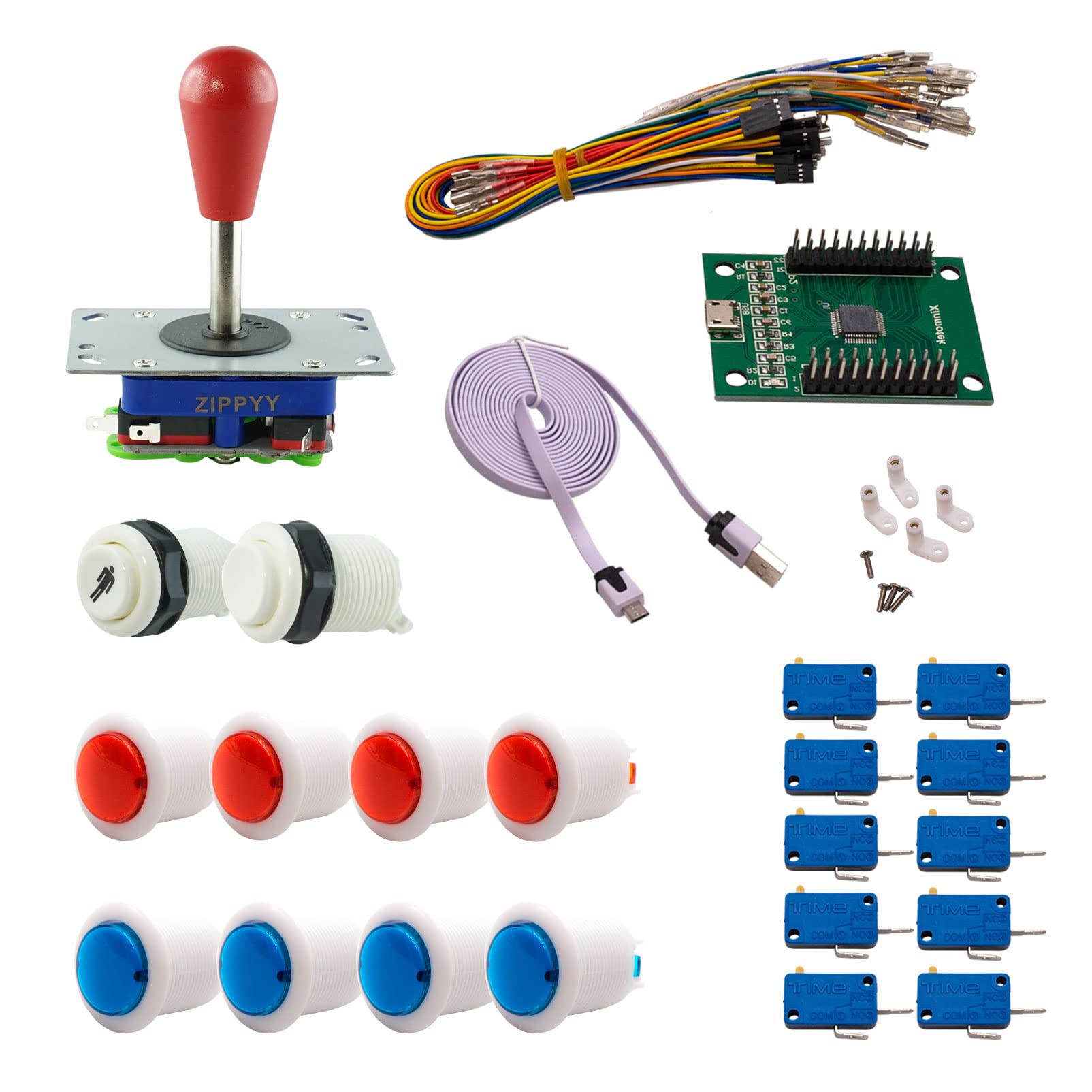 Kit Joystick e Pulsanti Arcade 1 Giocatore Pulsanti Bicolori Bianchi Joystick Zippyy Asta Lunga Pera Carta XinMoTek Videogiochi Retro Gaming
