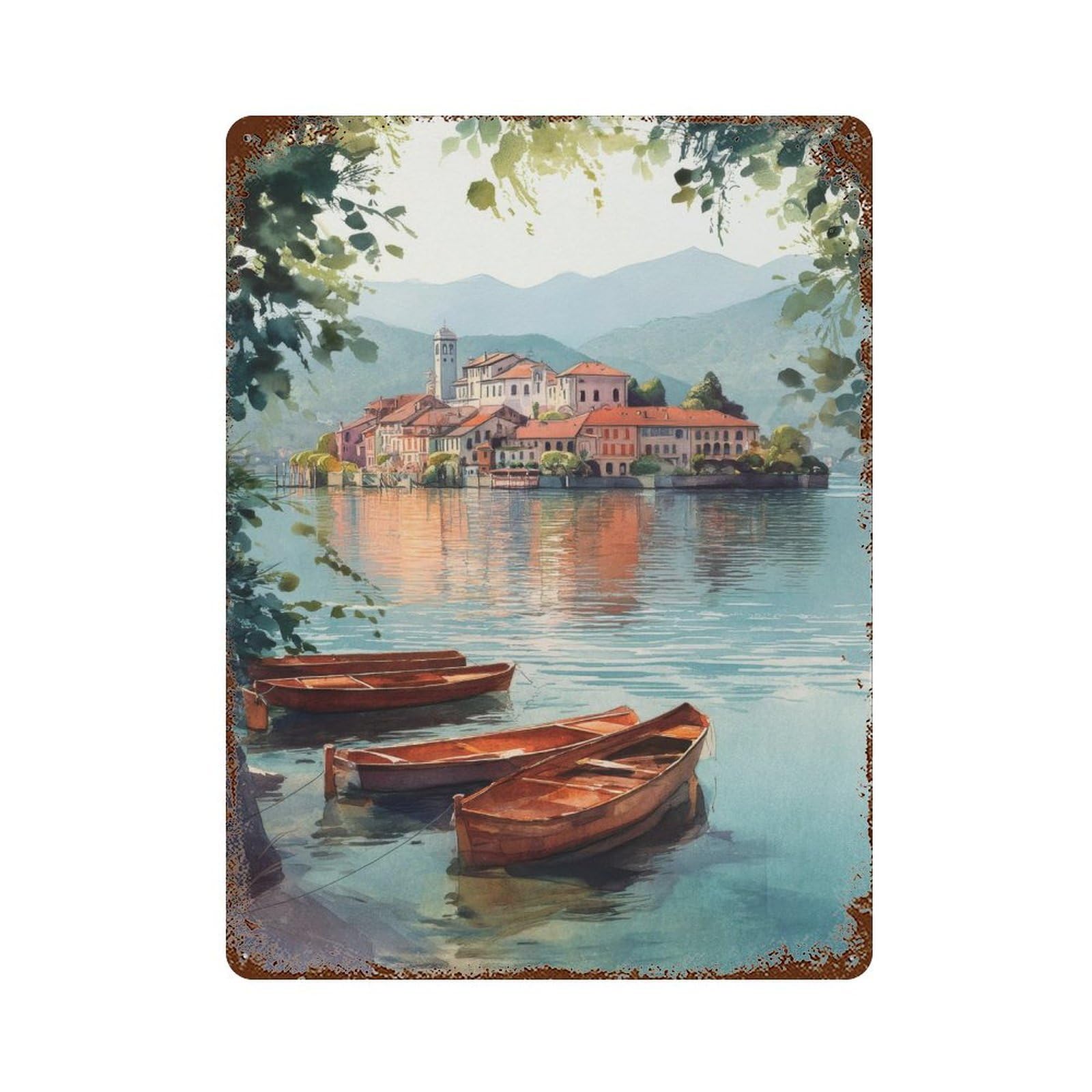 xiaoxiaoshen Lake Orta Italy Watercolor Travel Italian Lakes Wall Decor Art Metal Tin Poster Modern Home Decor Art Home Bar Shop Decorations Vintage Sign 40x30cm