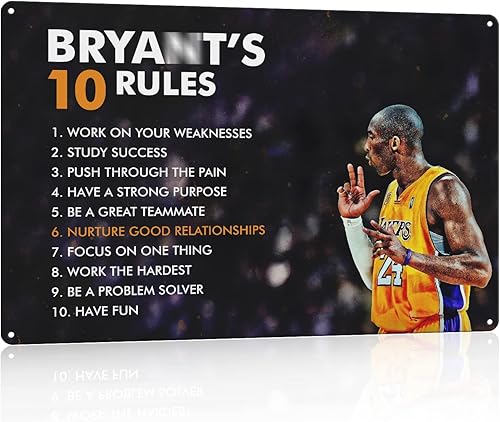 Bryant's 10 Rules - Póster motivacional de baloncesto con impresión de metal de la mentalidad del campeón. Póster deportivo para pared, hogar,