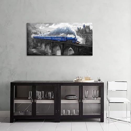 Miniatura 4 de JEAWA Lienzo impreso para pared, pintura en lienzo azul y gris, impresión de tren para dormitorio, baño, comedor, decoración de oficina en casa,