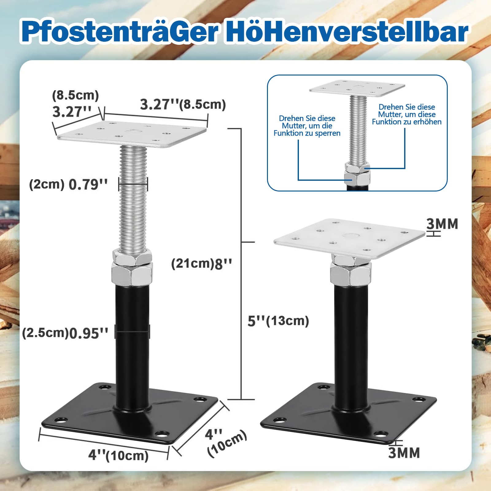 Lot de 4 supports de poteau - 100 x 100 mm - Hauteur réglable : 130 à 200 mm - Support de poteau réglable - Galvanisé à visser - Pied de support - Pied de support - Pied de sol en béton