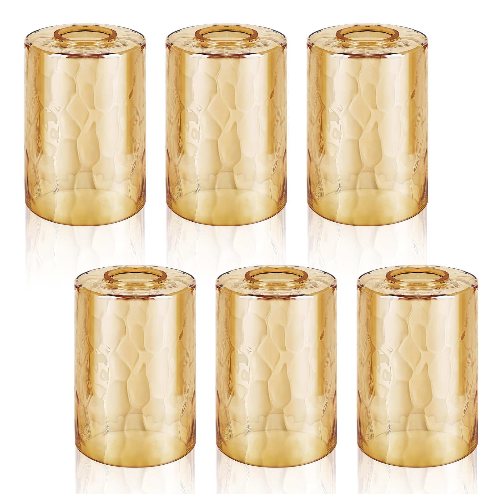 6 Pack Amber Hammered Glass Lamp Shade, Vintage Cylinder Cylinder Light Fixture Shade Replacement, Water Ripple Cylinder Glass Shades with 1-5/8" Fitter for Chandelier Pendant Wall Sconces