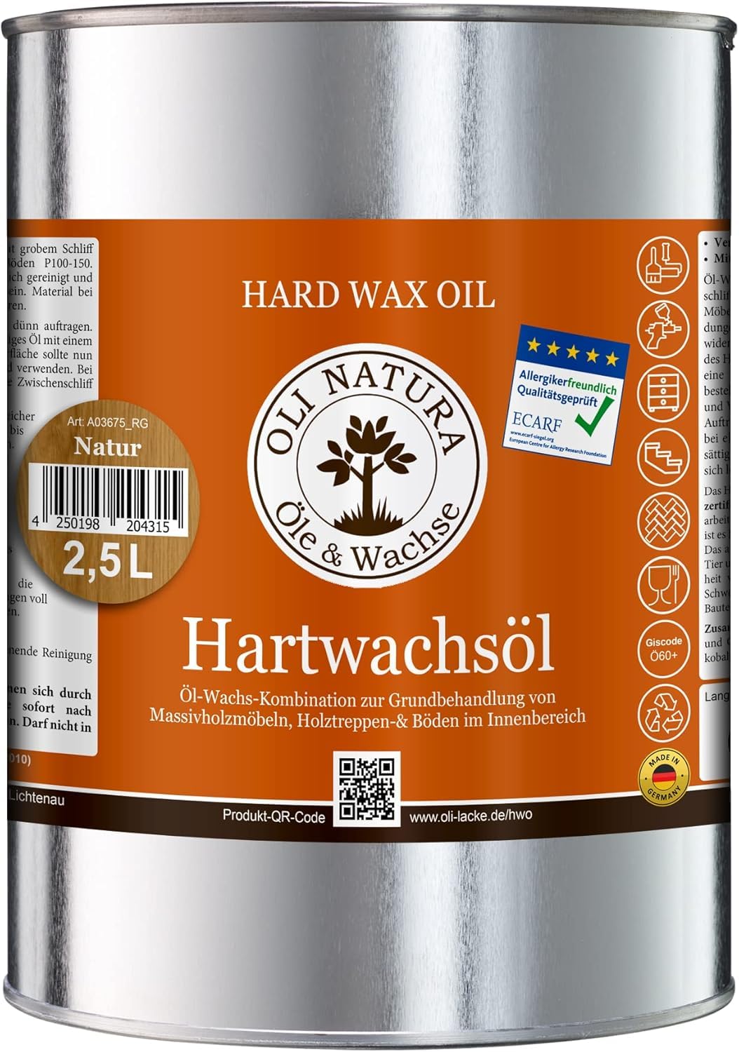 OLI-NATURA Hartwachsöl - 2.5L, farblos, natur - Holzöl für Möbel, Treppen, Türen & mehr - geprüft Allergikerfreundlich, lebensmittelecht-zertifiziert