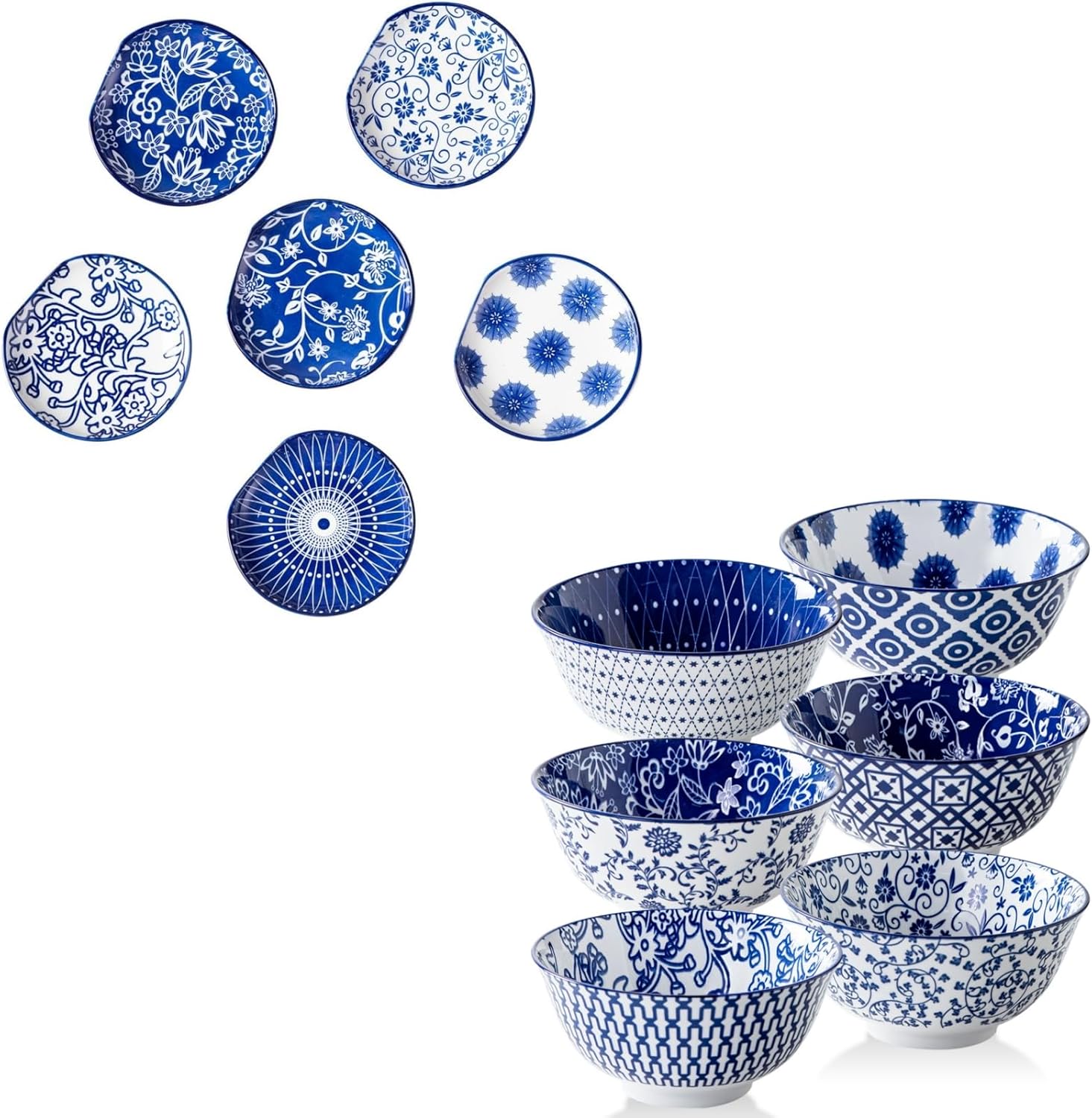 12 Pcs Cerkik Ceramic Dinnerware - 4.7 Inch Spoon Rest and 24 OZ Soup Bowls - Service for 6 - Vintage Blue