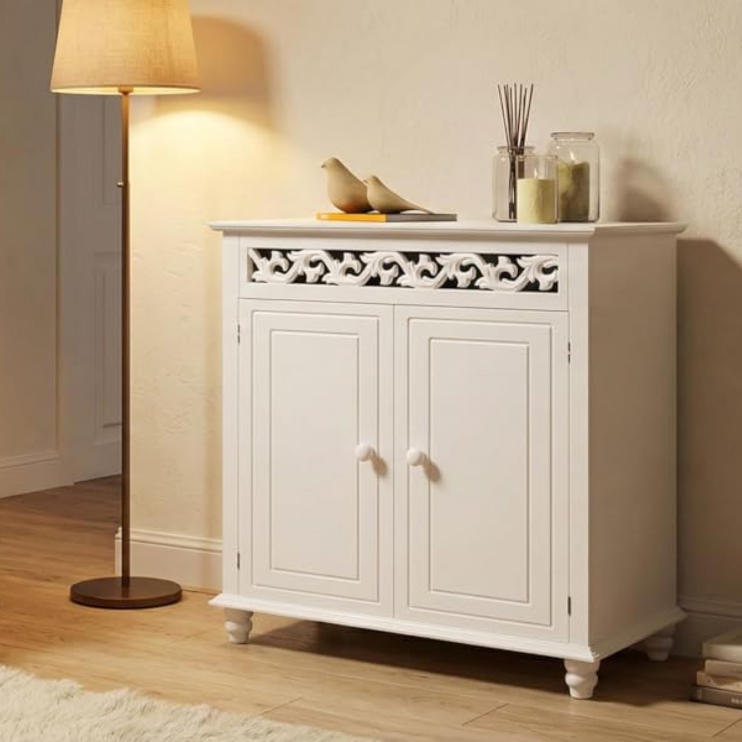 Casaria® Mobiletto Bianco Stile Country 76x65x35cm 2 Scomparti Armadietto Multiuso con Ante Mobile Bagno Consolle Ingresso Credenza Cucina Madia Soggiorno Mobili Salone Arredamento Casa Mobile TV