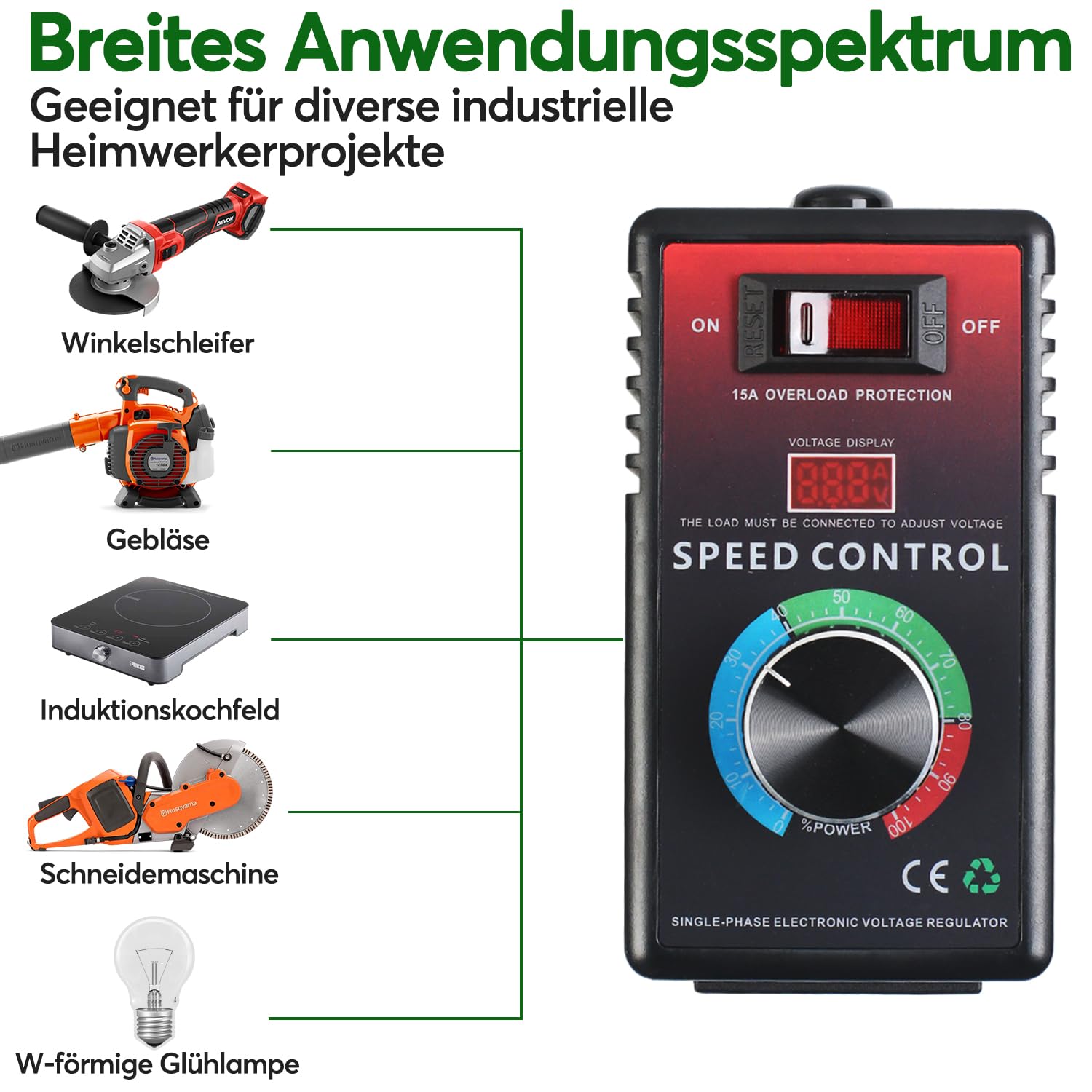 Drehzahlregler 230V Motor, Spannungsregler 15A Überlastschutz, Spitzenleistung 4000W, Frequenzumrichter Drehzahlregler für Winkelschleifer, Bläser, Handbohrer, Kreissägen, EU-Stecker