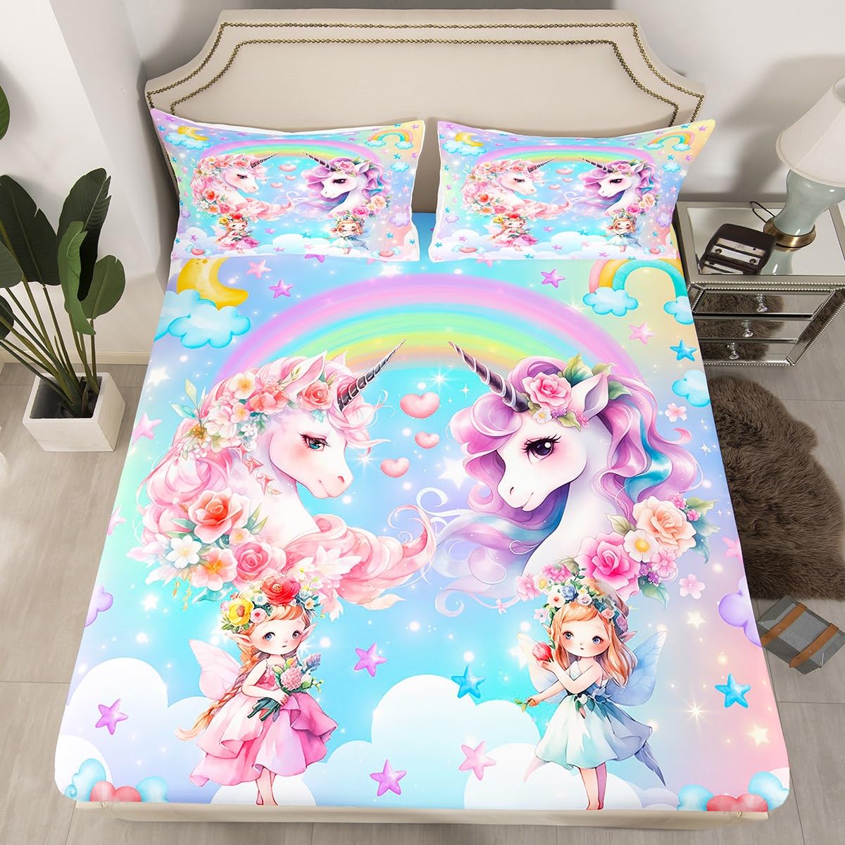 Little Princess Kids Fitted Sheet Twin Size Rainbow Stars Cloud Dreamy Bedding Set Girls Women Room Decor Cartoon