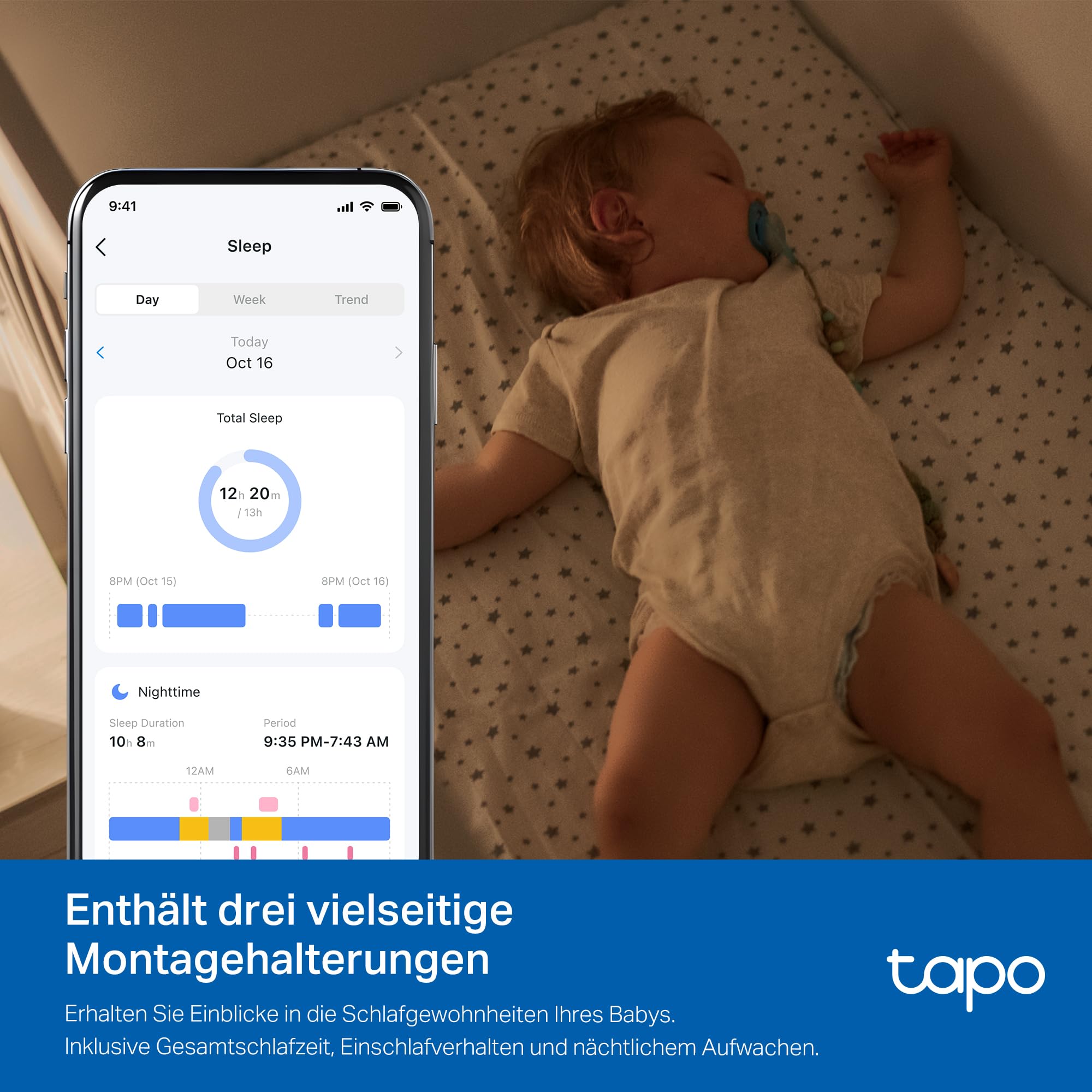 Tapo C840 Dual-Objektiv BabyCam (Erkennung von Babygeschrei & bedecktem Gesicht, Schlafanalyse & -bericht, Schlaflieder & Weißes Rauschen, Nachtlicht, MicroSD bis 512 GB)