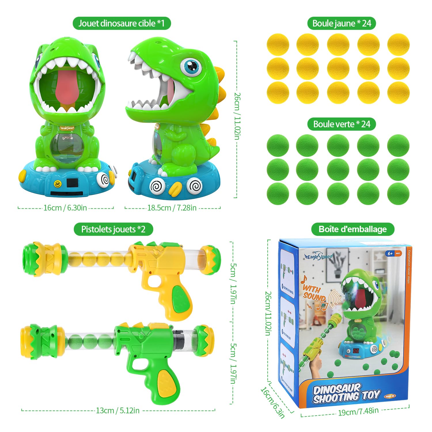 EagleStone Jouets de tir de dinosaure mobiles pour enfants de 5 à 7 ans avec pulvérisation, jouet de jeu de cible électronique avec 2 pistolets à pompe, 48 balles en mousse, jouets de Noël avec enregi
