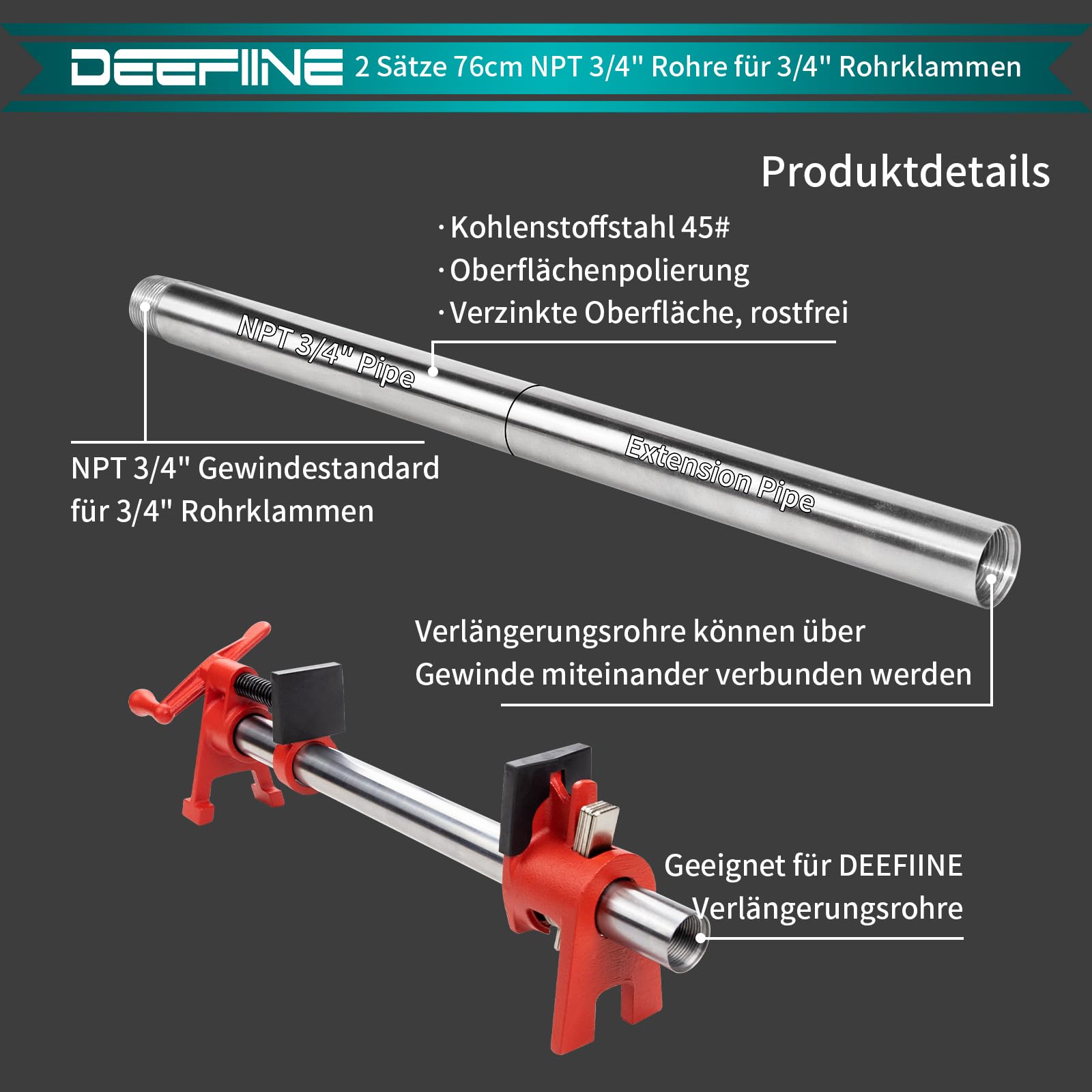 2 Stück 76CM 3/4 Zoll Gewindestandard Edelstahl-Rohrverschraubung Fit rohr-schraubzwinge 3/4 zoll mit 2 Stück 76CM Verlängerungsstänge aus Edelstahl