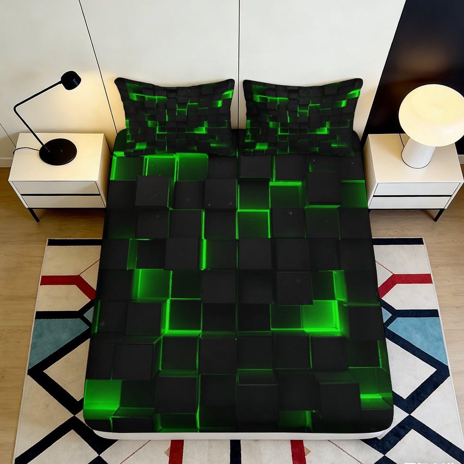 Jqzkxnhpbr Style-3 3D Printed Neon Green Geometric Fitted Sheet Microfiber Soft Breathable Black Grid Bed Cover For Bedroom Dorm Decor Protection 90X200x25cm