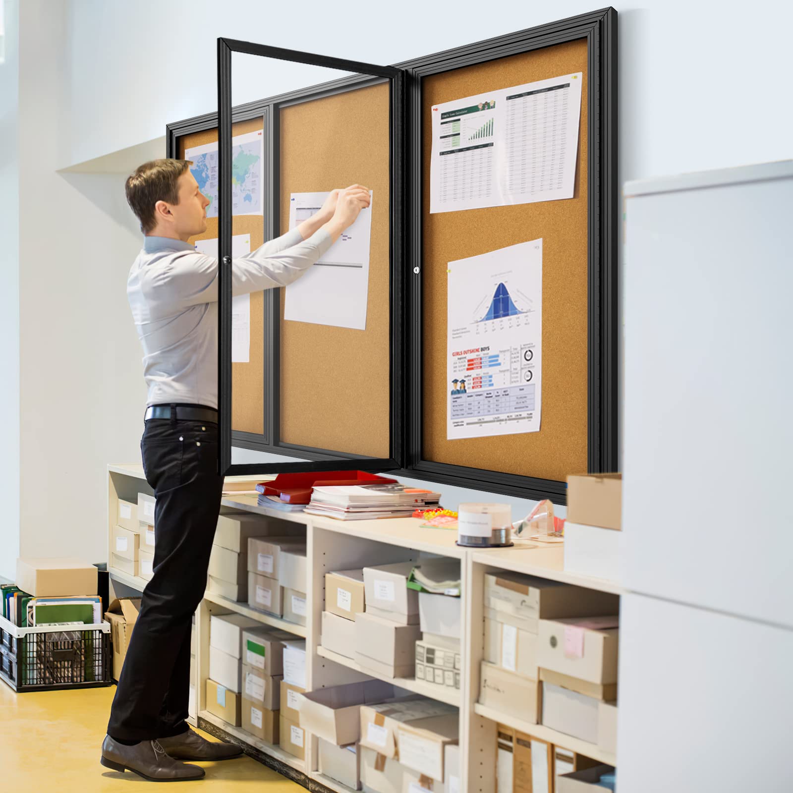 INNOVART Enclosed Bulletin Board 72''x48'', Lockable Cork Noticeboard