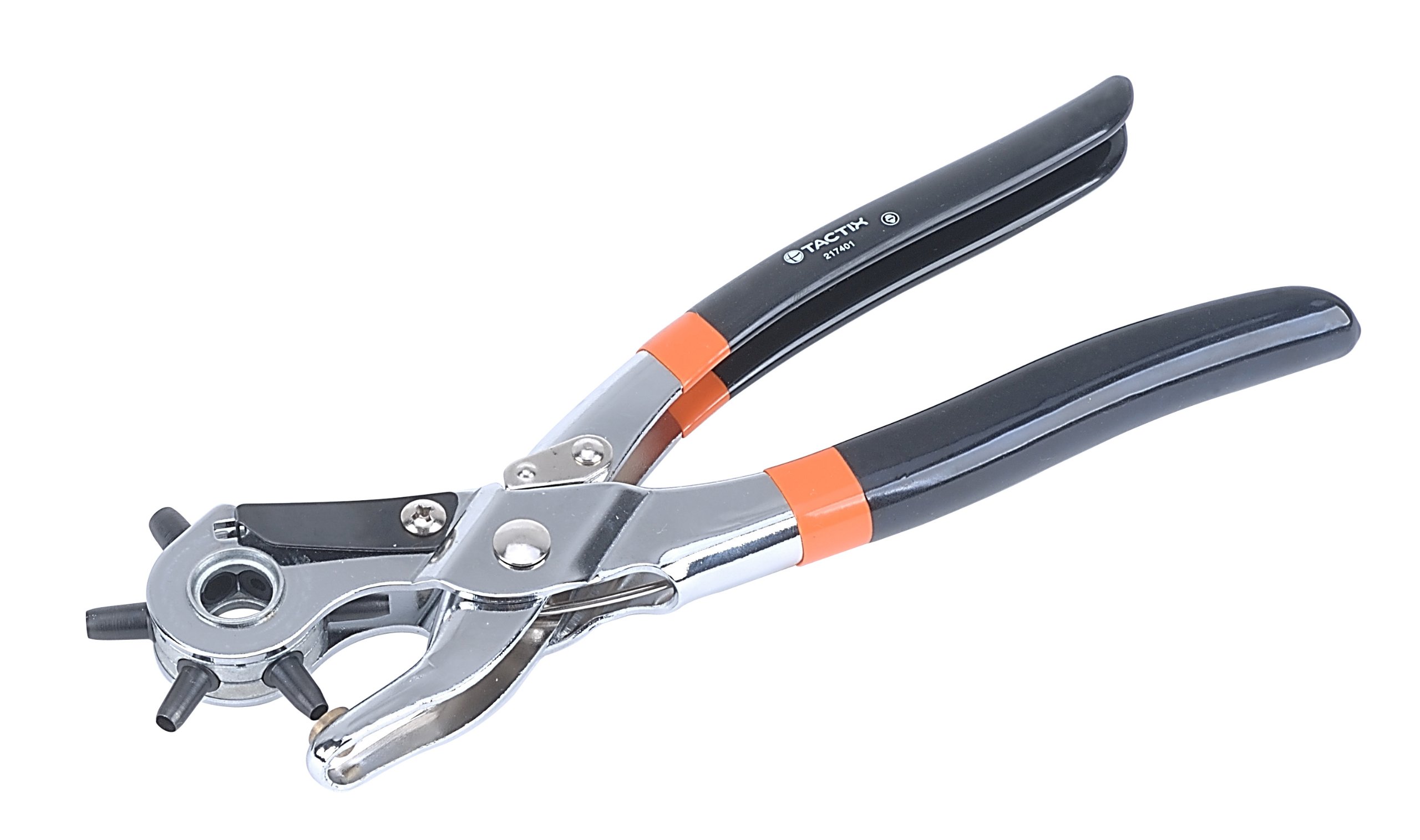 Tactix Heavy Duty Punch Plier - 6 Rotating Hole Sizes (2.5 to 5mm) for Eyelets, Belts, Leather, Fabrics and Crafts, Adjustable, Durable Steel Build with Ergonomic Grip - 217401