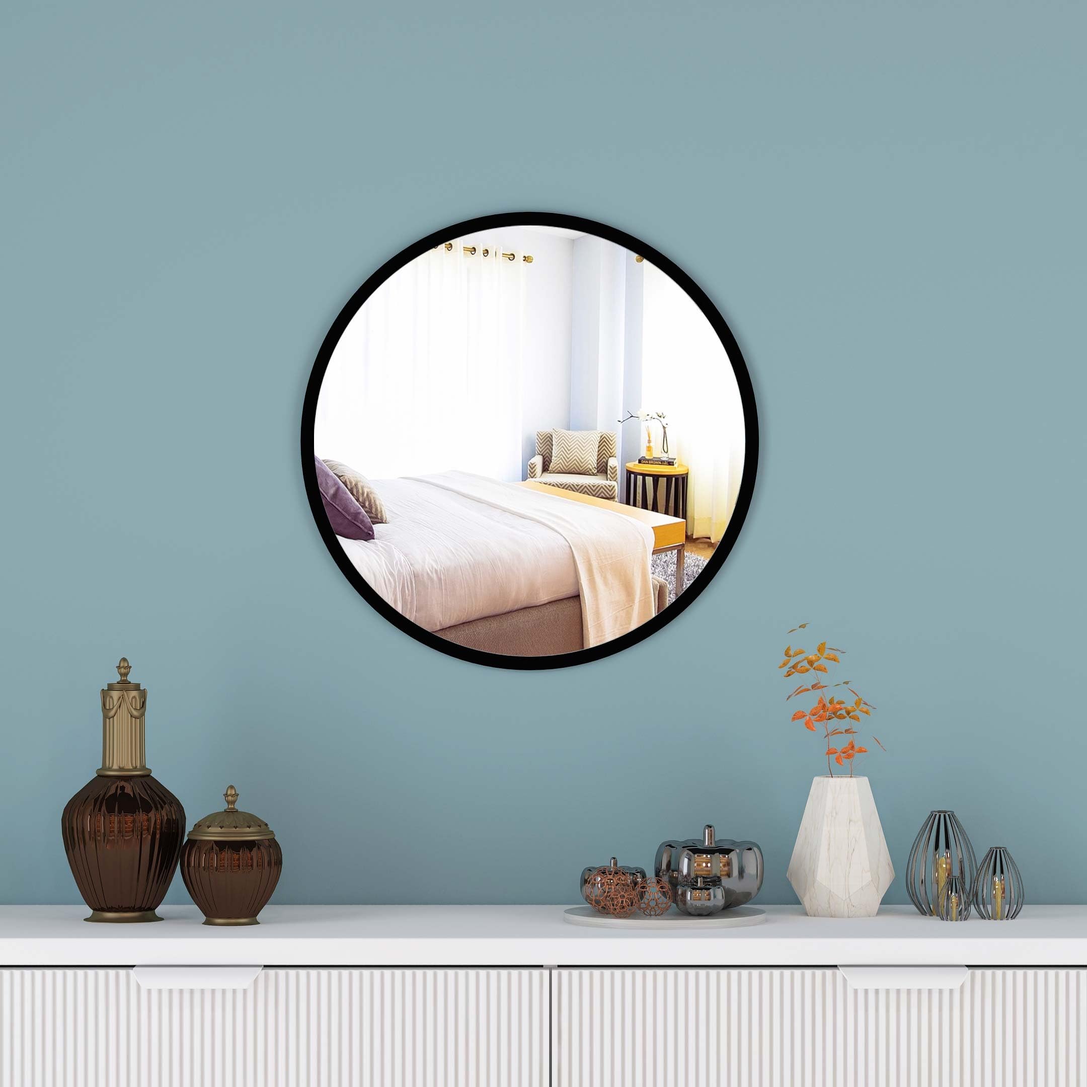 Wall Mirror for Living Room Bedroom Bathroom 12 inch Round Black