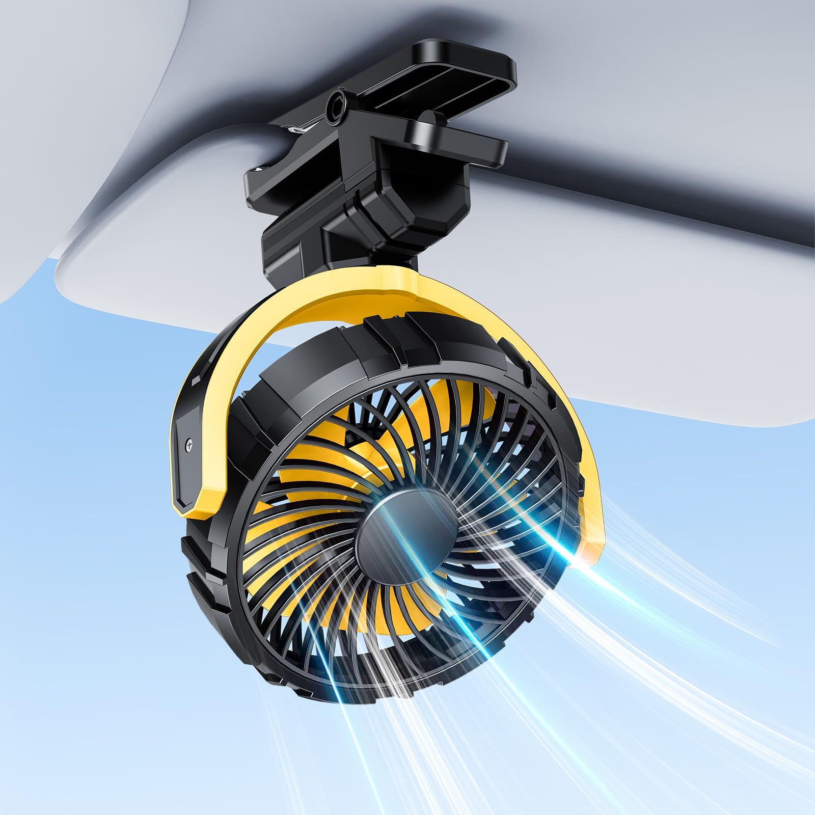 Akku-Ventilator für Auto-Sonnenschutz, Rücksitz & Dachgriffe, leiser tragbarer Clip-Autoventilator für SUV, Van, Wohnmobil, Pickup, Camping, Schreibtisch, Bett, Kinderwagen & Babybett - Gelb
