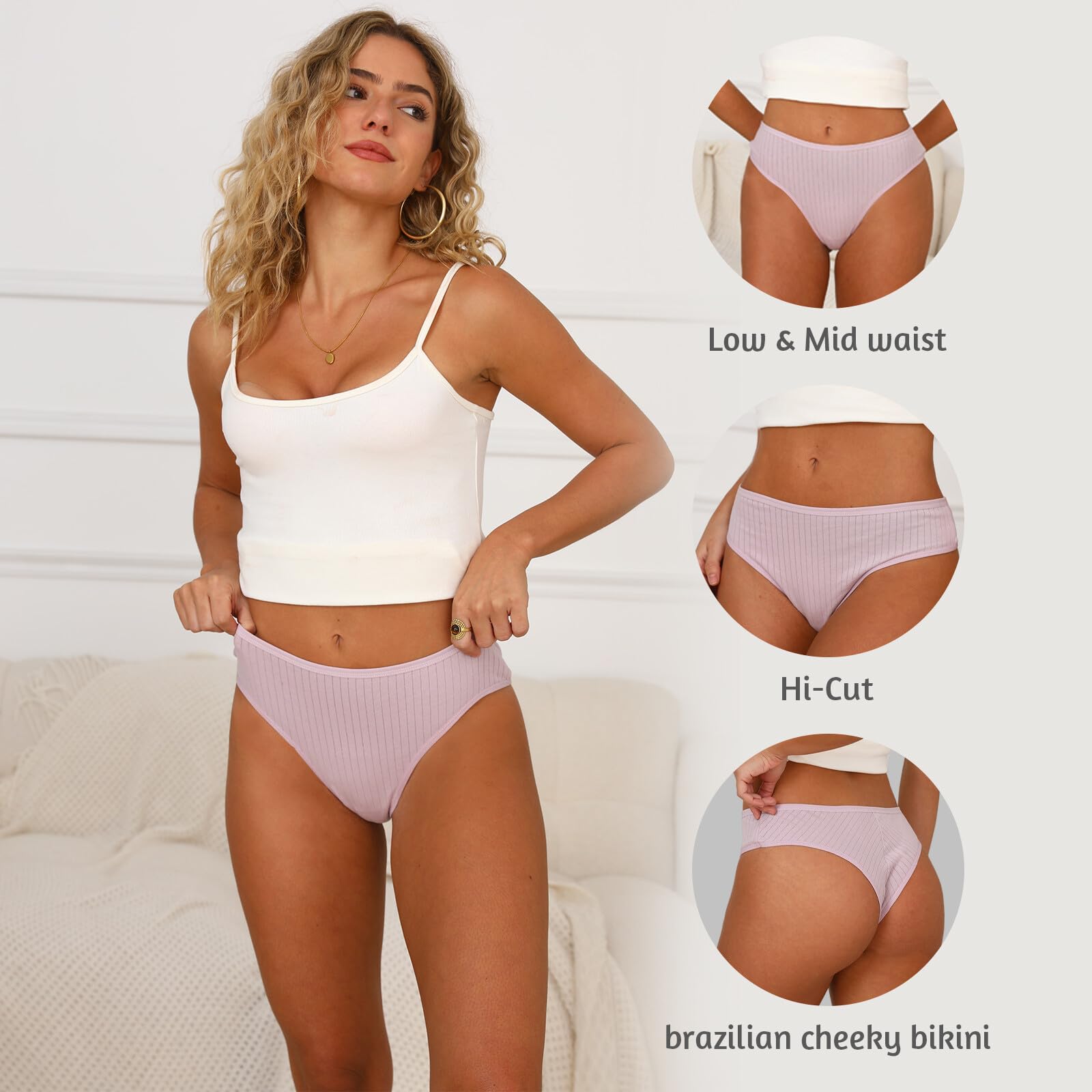 Mujer Tangas Algodón Bikini Cintura Alta Transpirable Brasileña 6UDS
