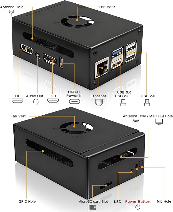 Metal Case with Cooling Fan for Orange Pi 5 Pro/Max/Ultra(N515) | with 3Pcs Aluminum Heatsinks