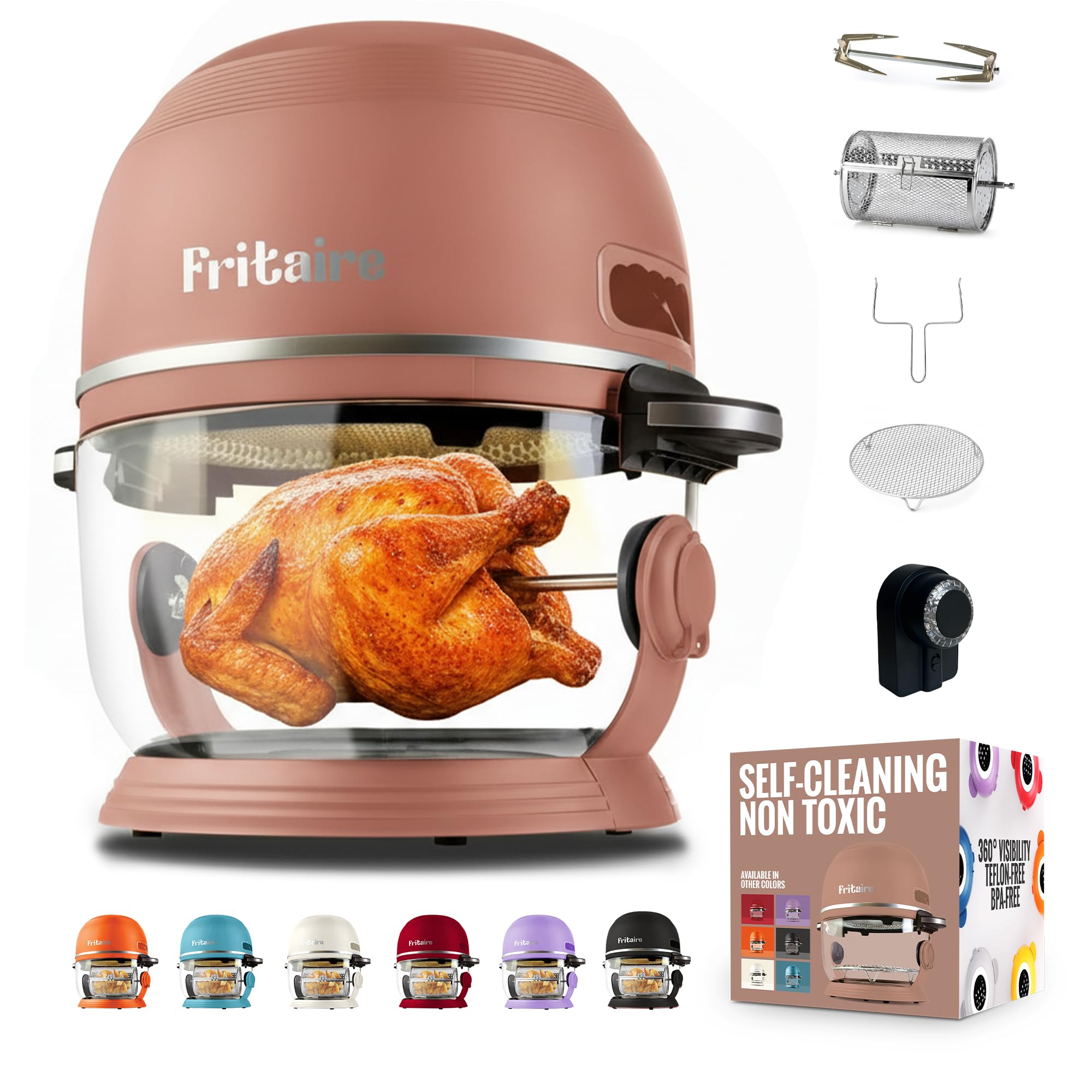 Non Toxic Air Fryer™ - Glass AirFryer 5 Quart w/ 360 Visibility, Self-Cleaning, 400F Vortex Air Fryer for Even Cooking, BPA-Free Teflon Free, 9-in-1 Functions, Rotisserie, Roast, Bake, Mauve Rose