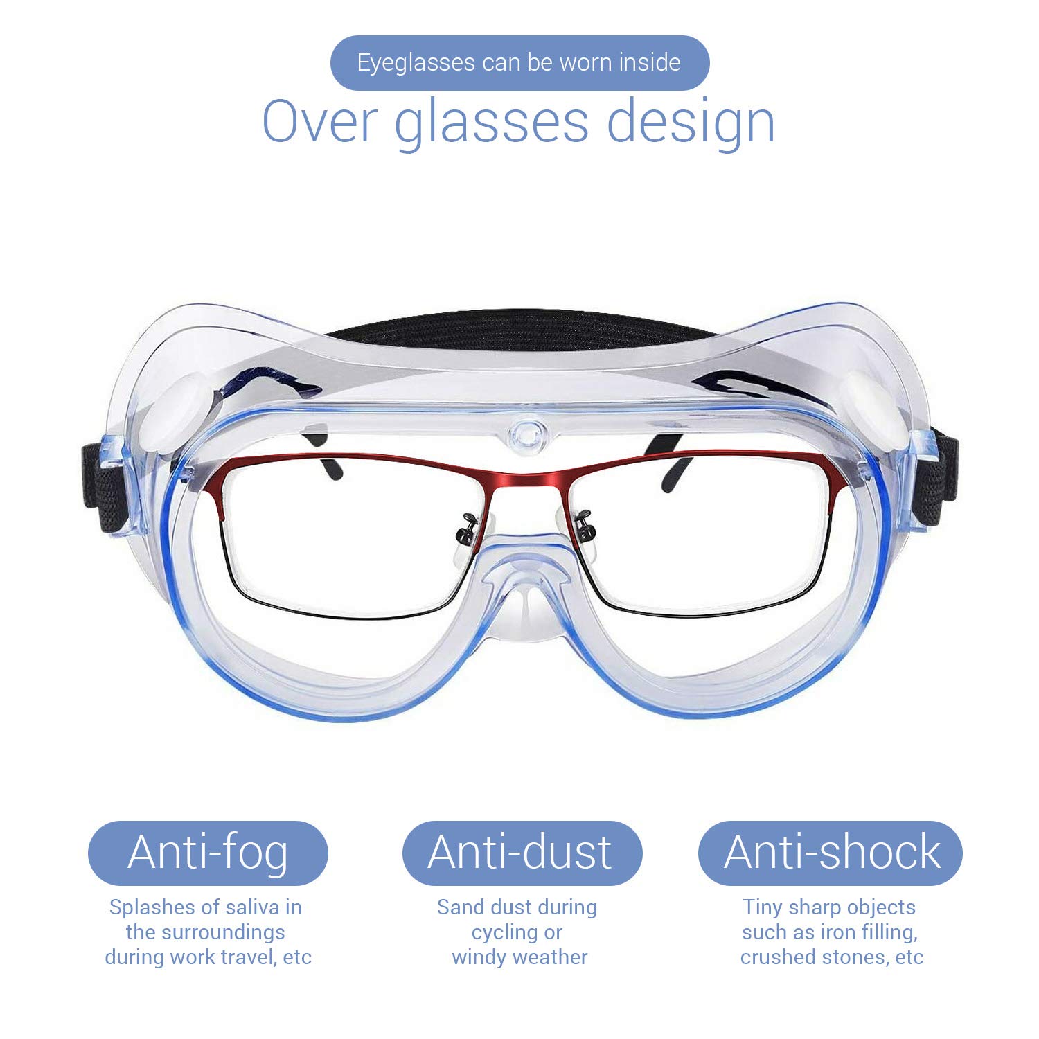 Lunettes de sécurité – Taille unique – Compatible avec les lunettes – Normes industrielles – Design unique de ventilation – Verres renforcés résistants et protecteurs – Sangle élastique réglable