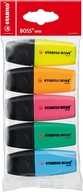 Highlighter - STABILO BOSS MINI - Pack of 5 - yellow, blue, green, orange, pink