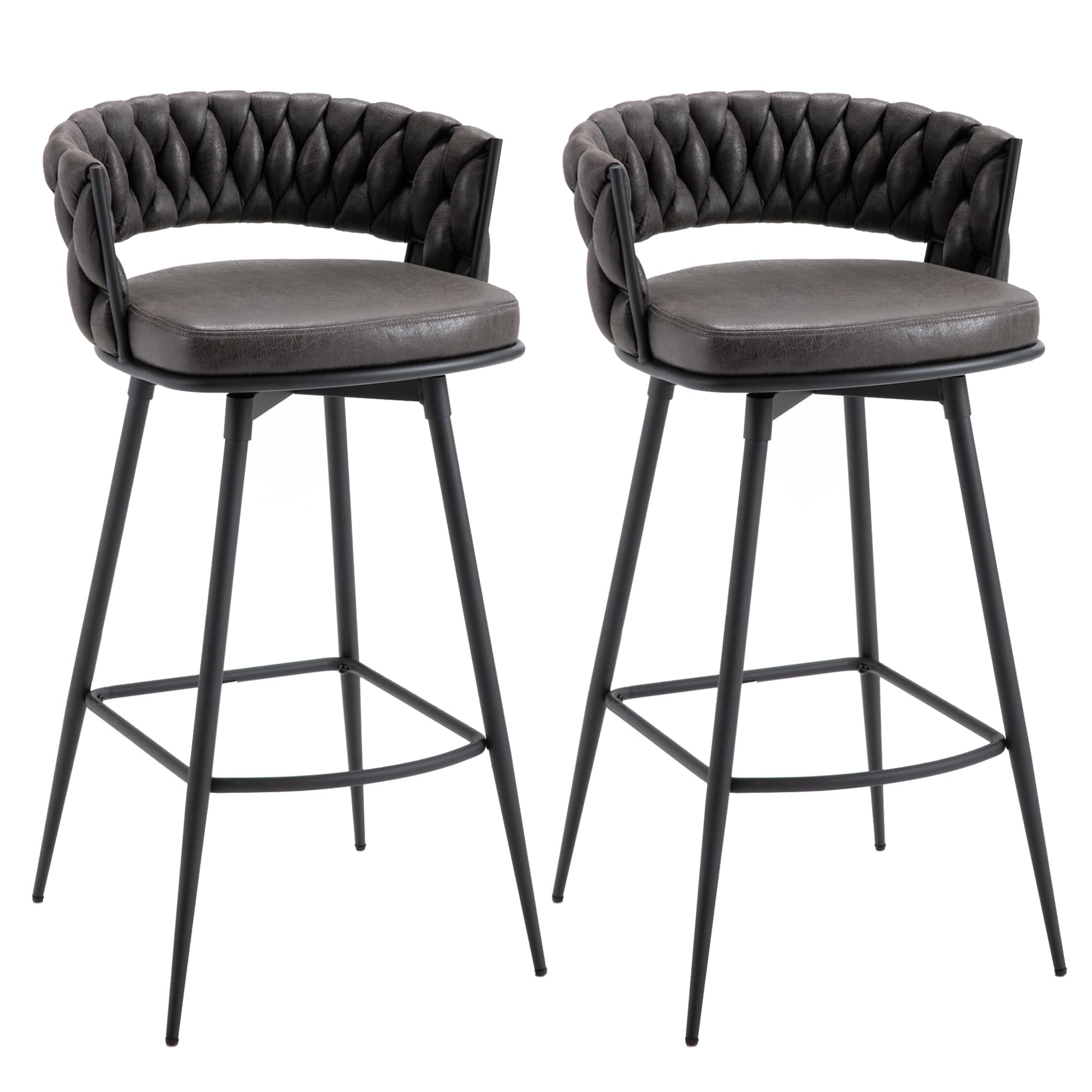 bar height bar stools set of 2, 30 inch seat height bar stools, 180° swivel barstools with woven back and footrest, suede fabric counter stools for kitchen island, bar pub