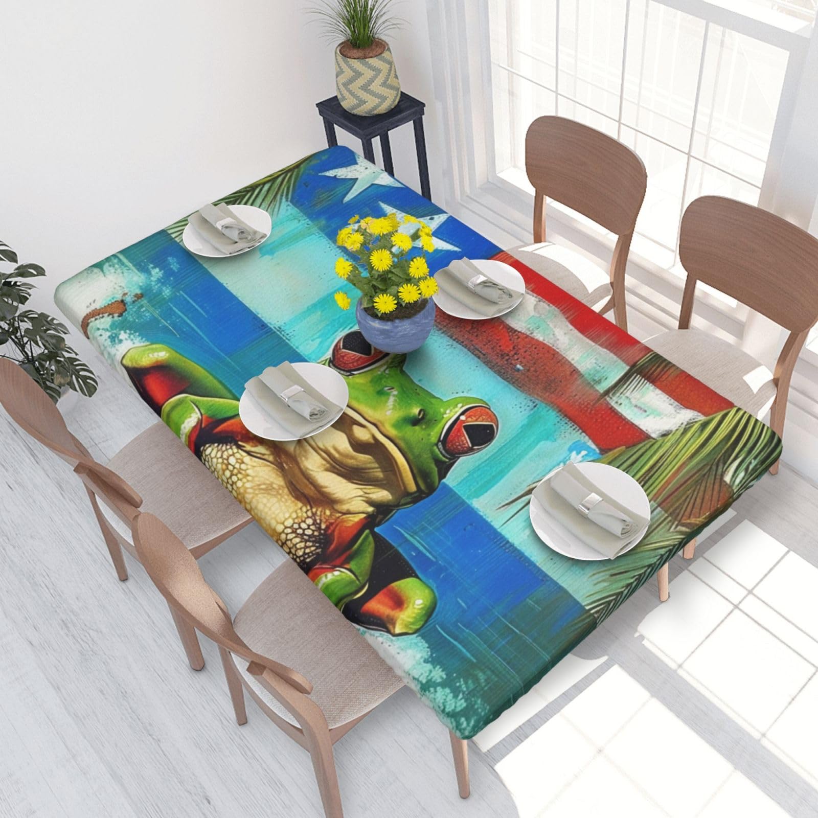 WPKJU Puerto Rico Flag Frog Palm Trees Printed Tablecloths 4ft Rectangular Table Covers Washable Polyester Decorative Table Cloth for Dining Table Picnic Wedding